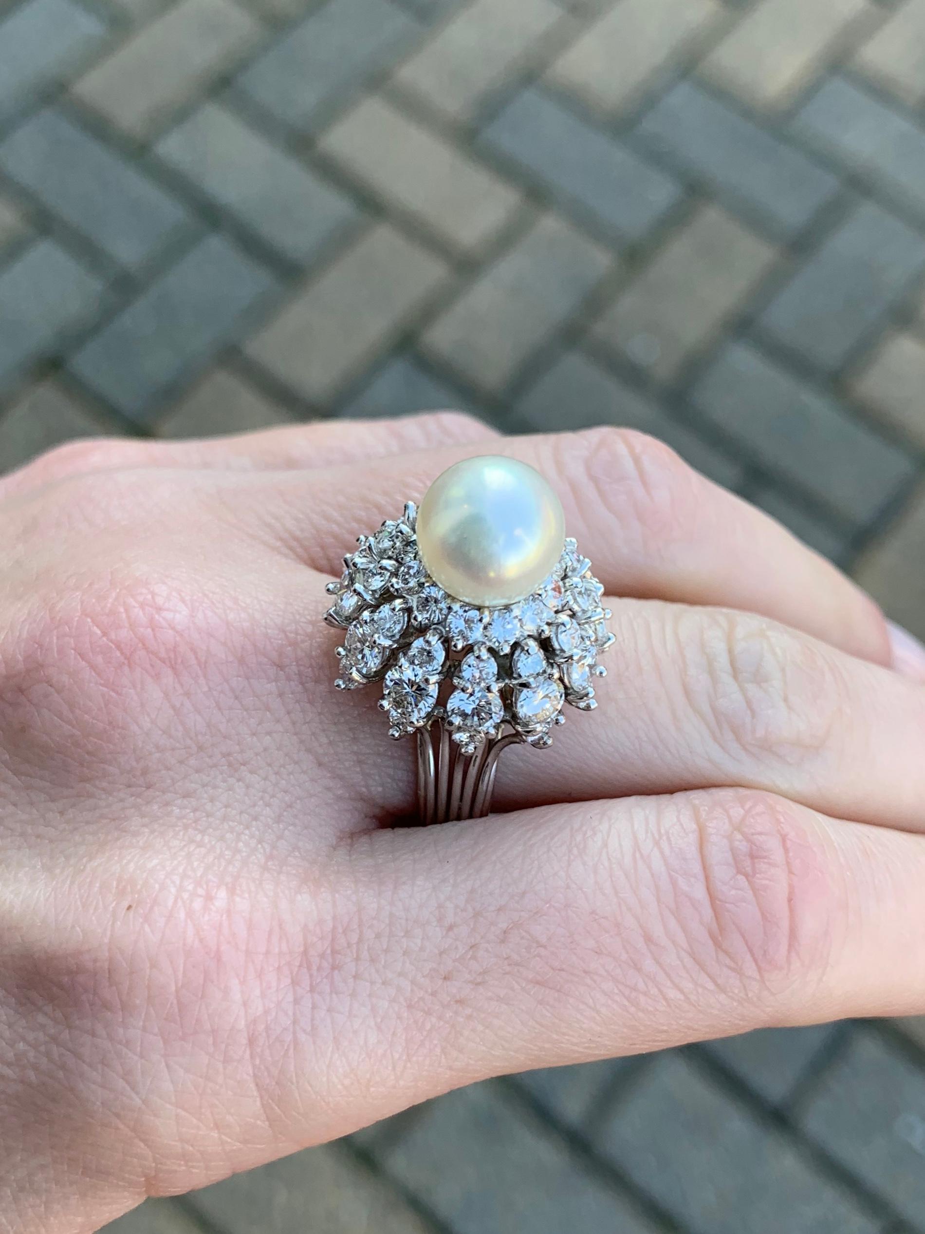 Platinum Diamond and Pearl Cocktail Ring For Sale 3