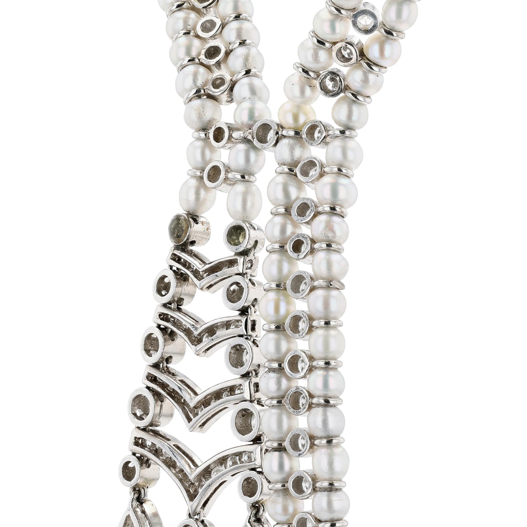 Art Déco Collana di platino, diamanti e perle in vendita