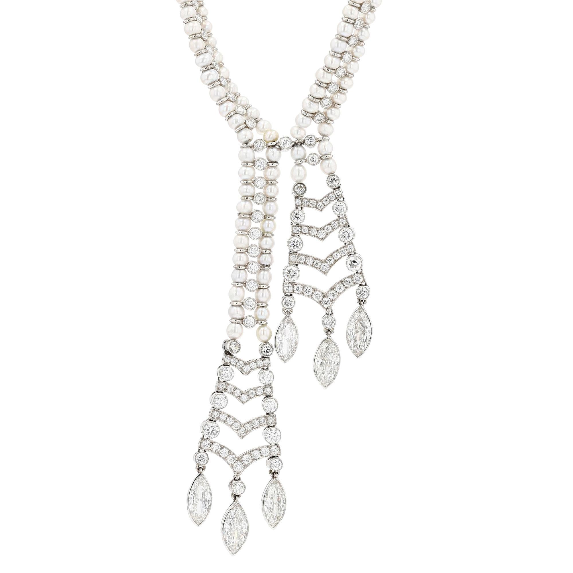 Taglio brillante Collana di platino, diamanti e perle in vendita
