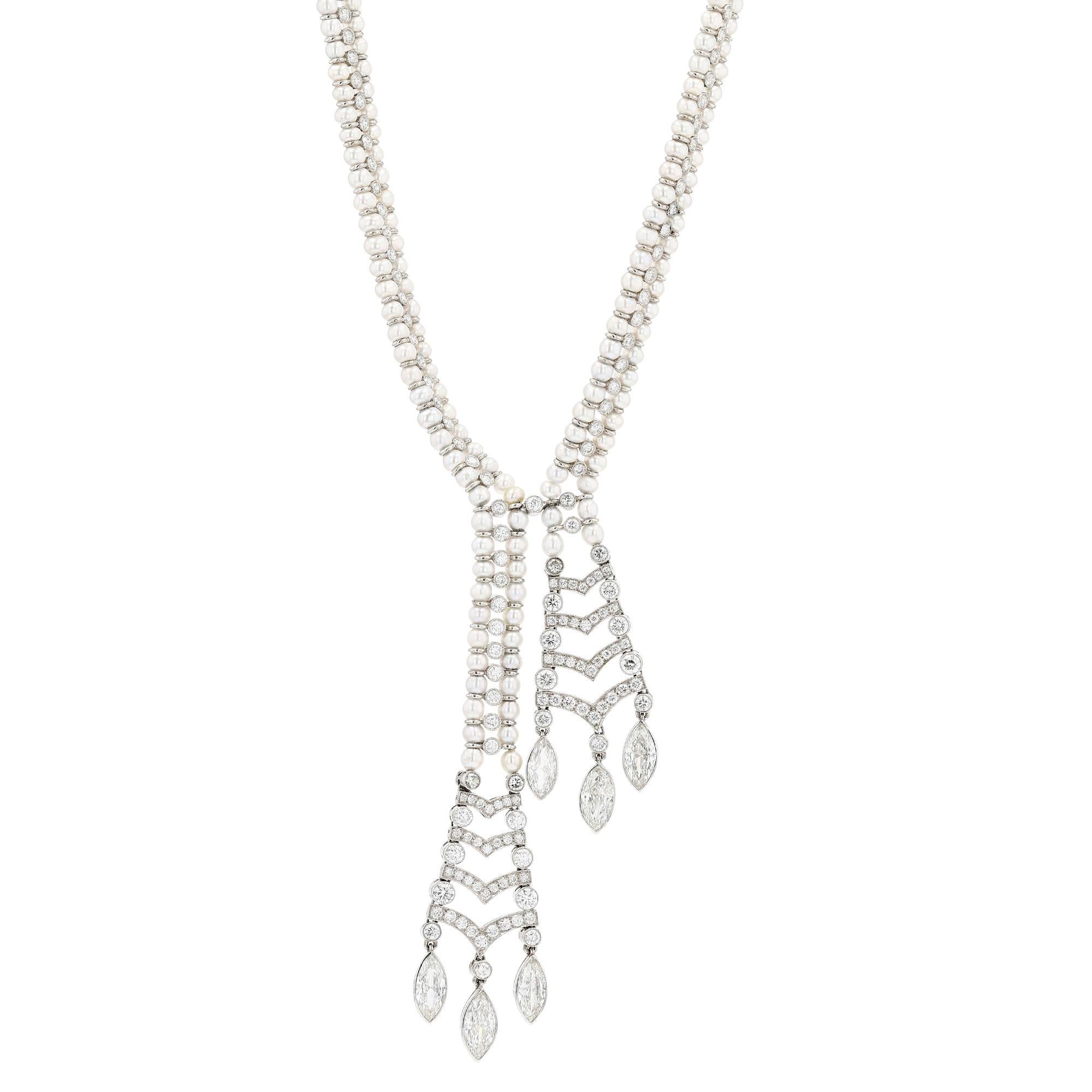 Collana di platino, diamanti e perle in vendita 1
