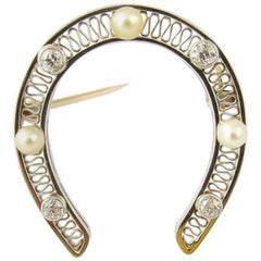 Platinum Diamond and Pearl Horseshoe Brooch/Pendant