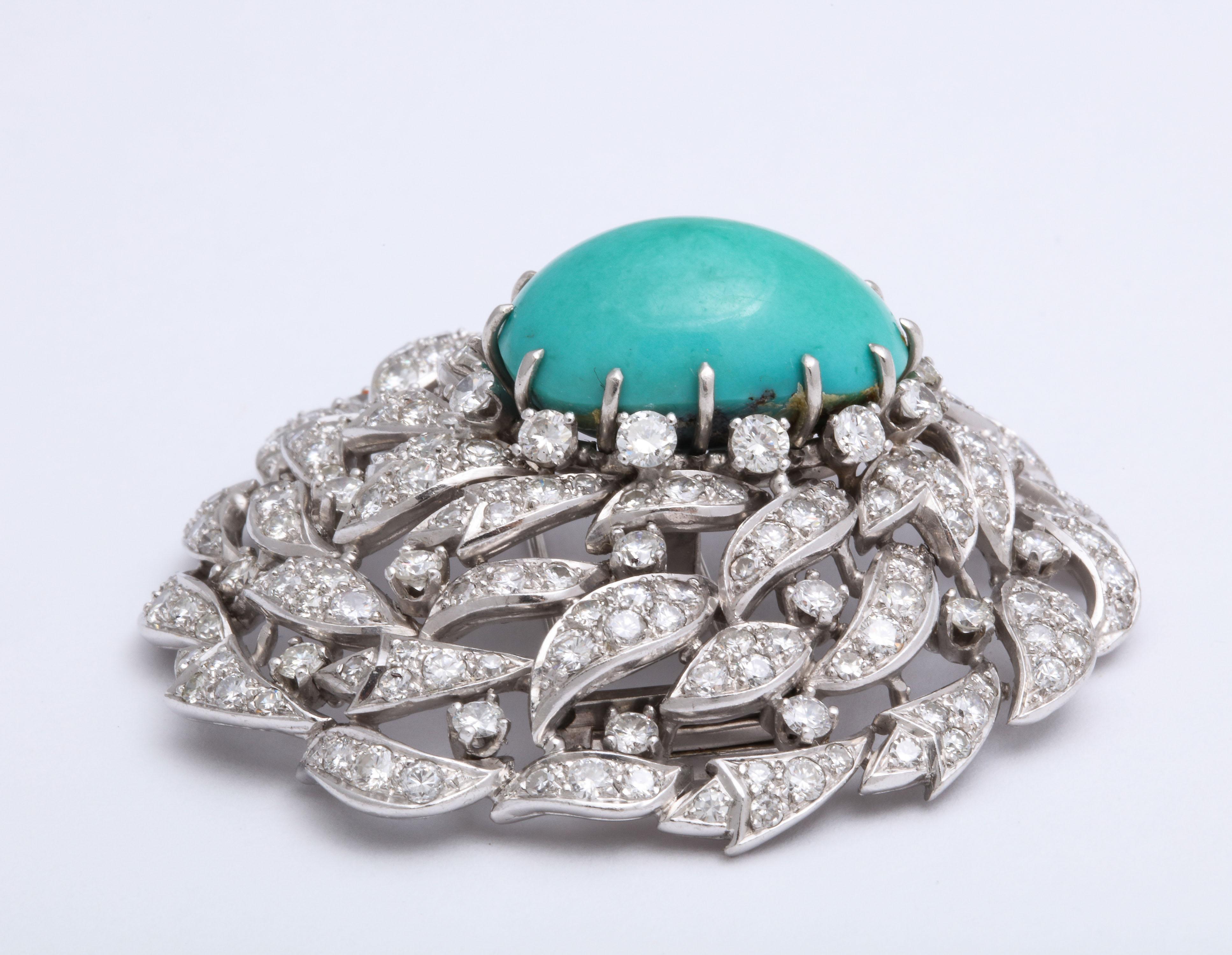 Mouvement esthétique Broche en platine, diamants et turquoise de Perse en vente