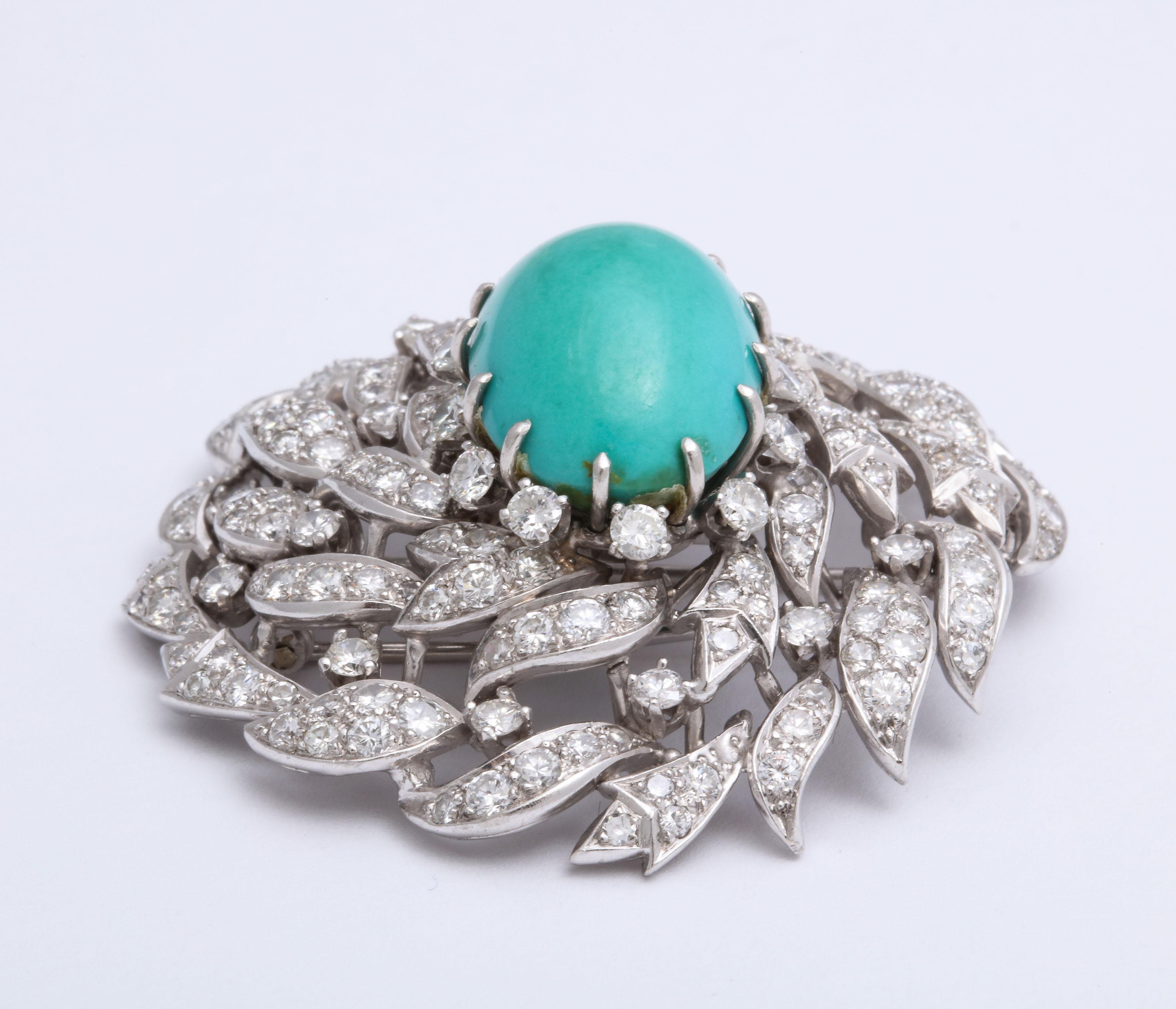 Brilliant Cut Platinum Diamond and Persian Turquoise Brooch For Sale