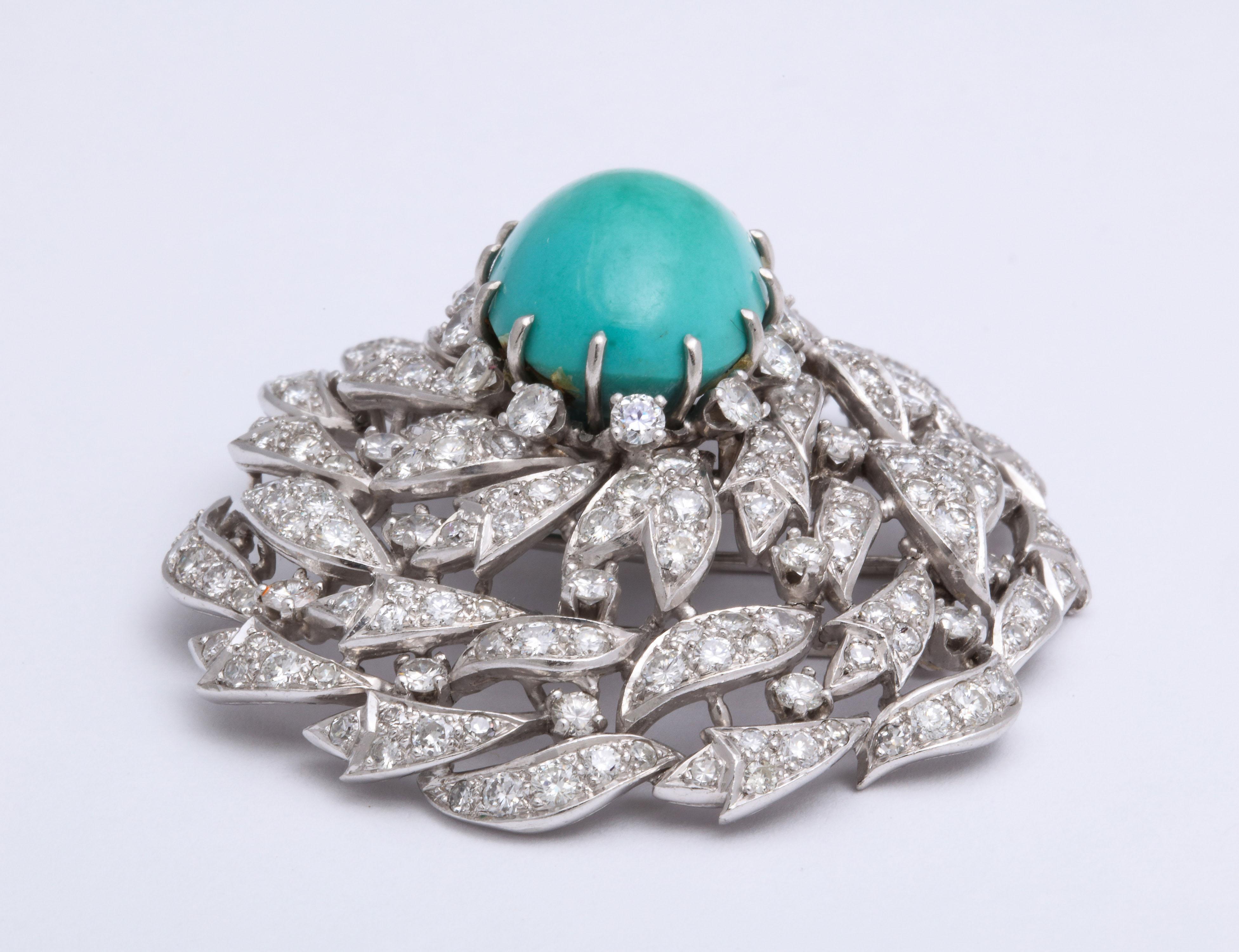 Platinum Diamond and Persian Turquoise Brooch In Excellent Condition For Sale In New York, NY