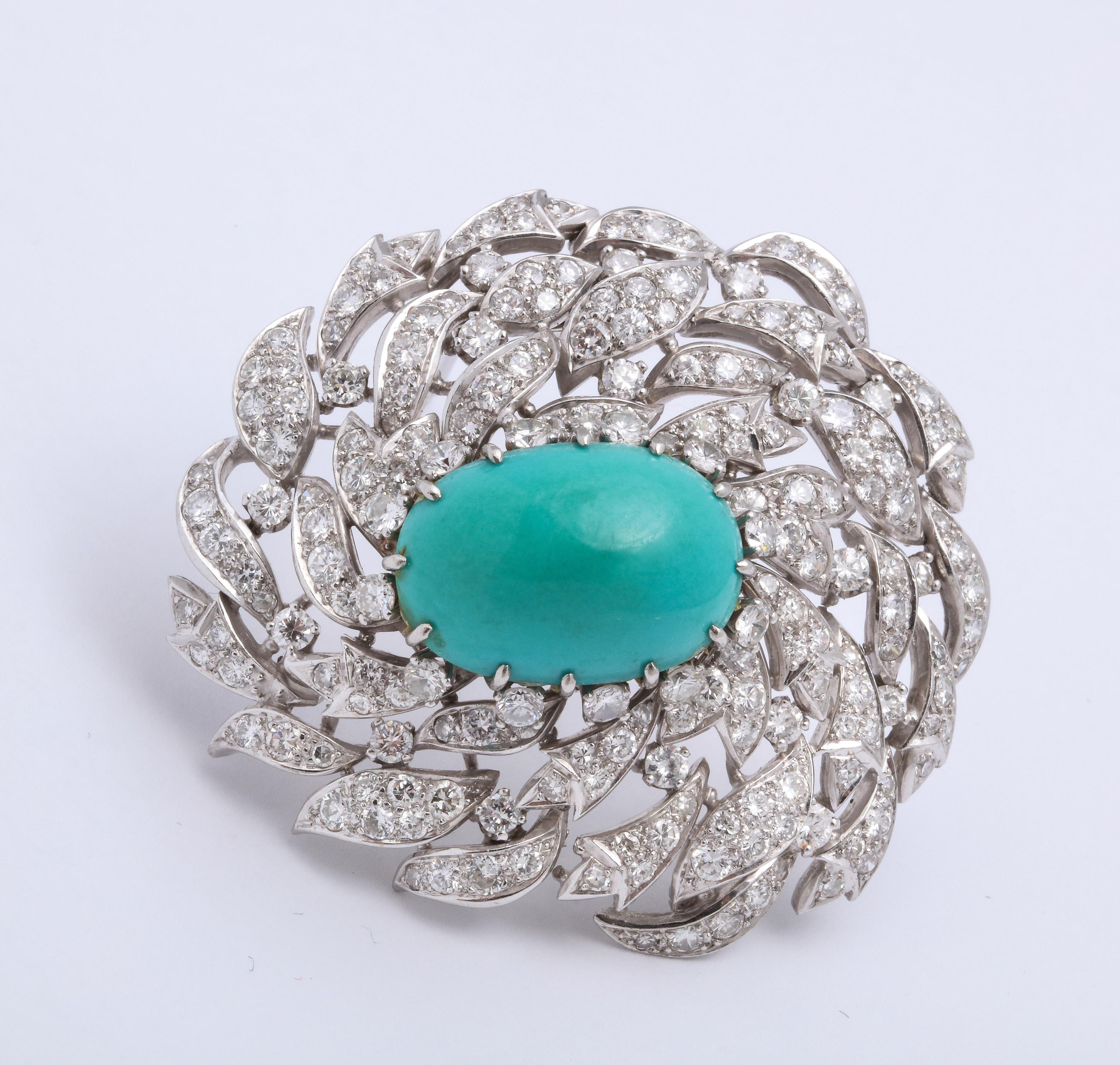 Women's or Men's Platinum Diamond and Persian Turquoise Brooch For Sale