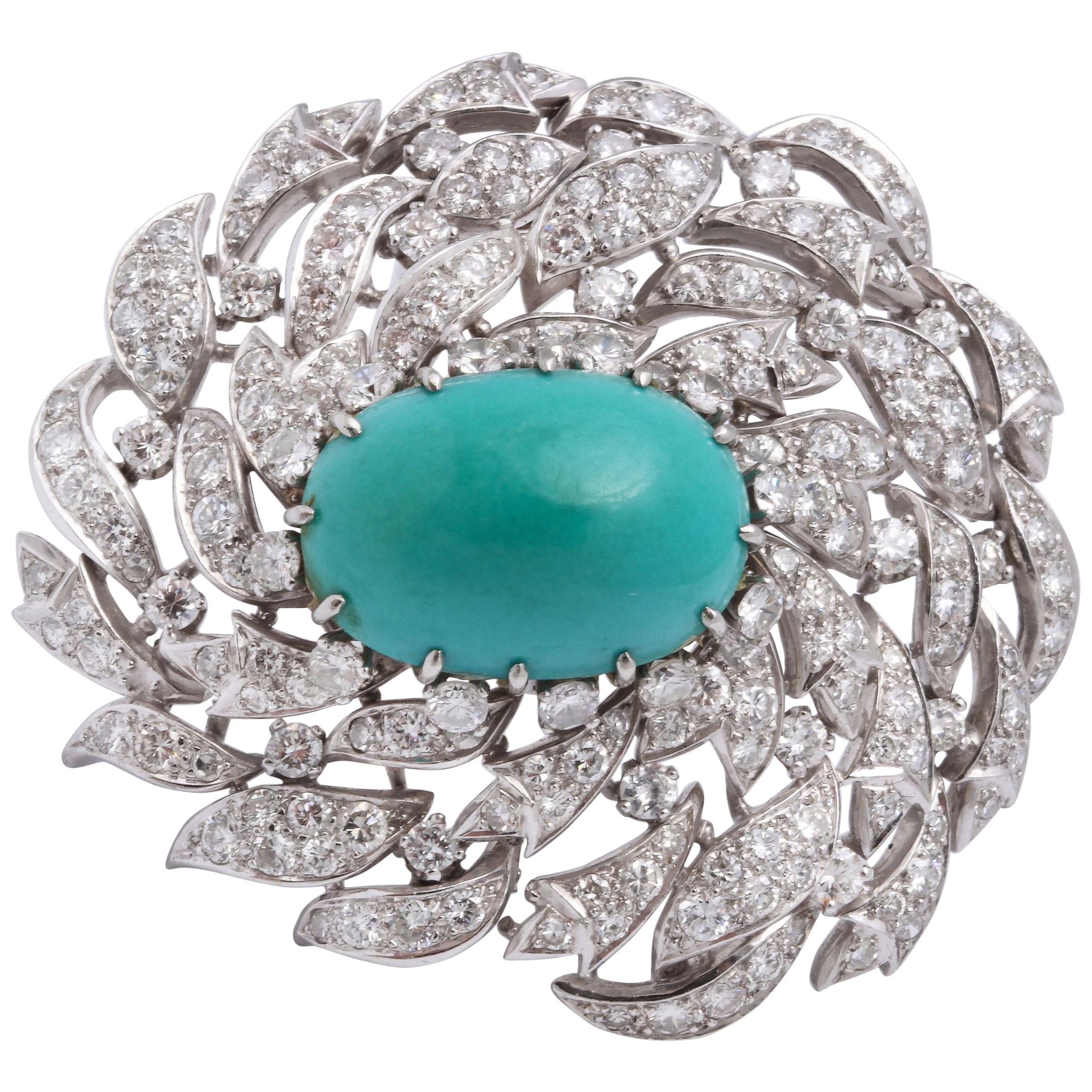 Platinum Diamond and Persian Turquoise Brooch For Sale