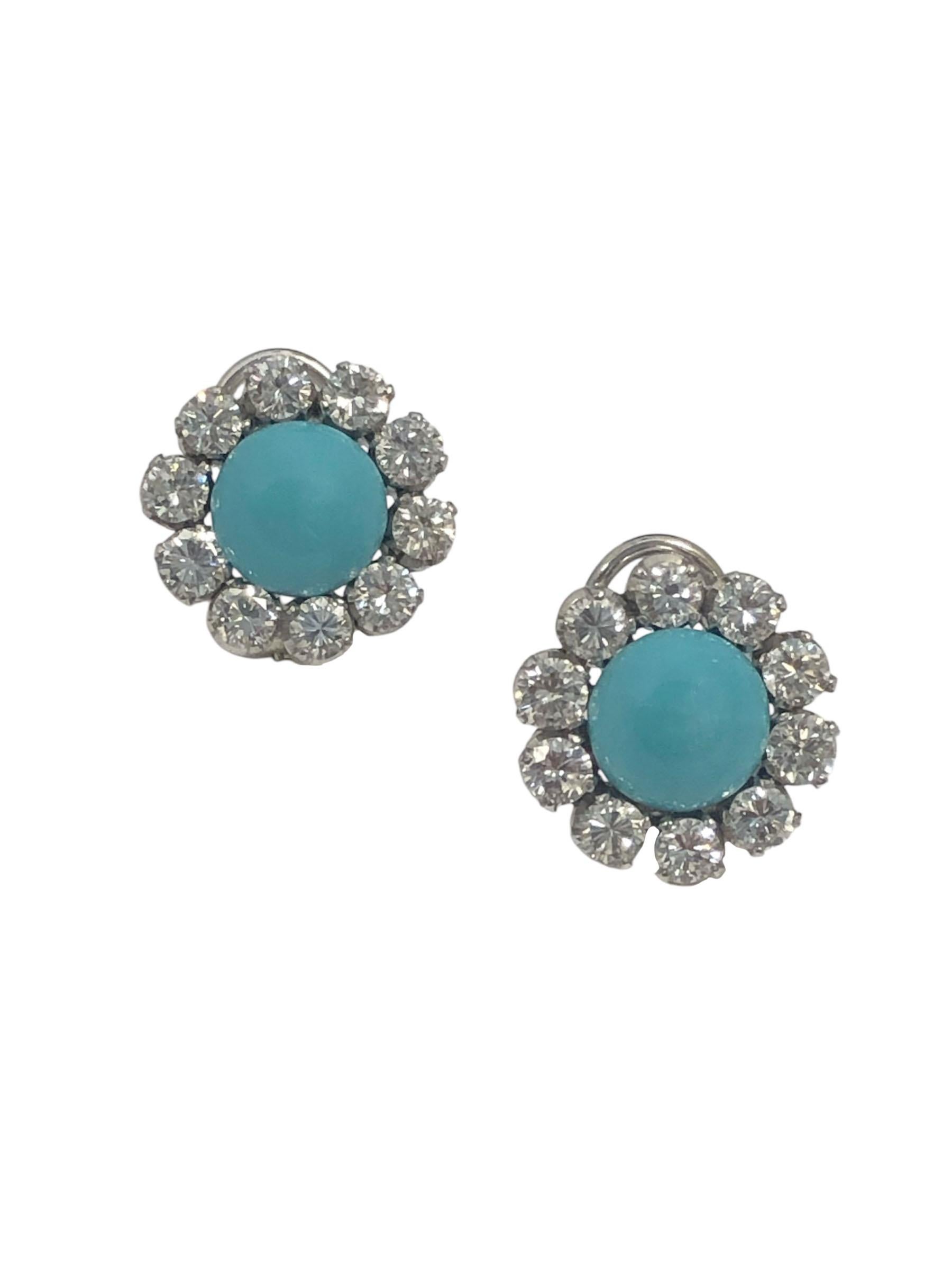 Taille ronde Boucles d'oreilles en platine, diamant et turquoise persane en vente