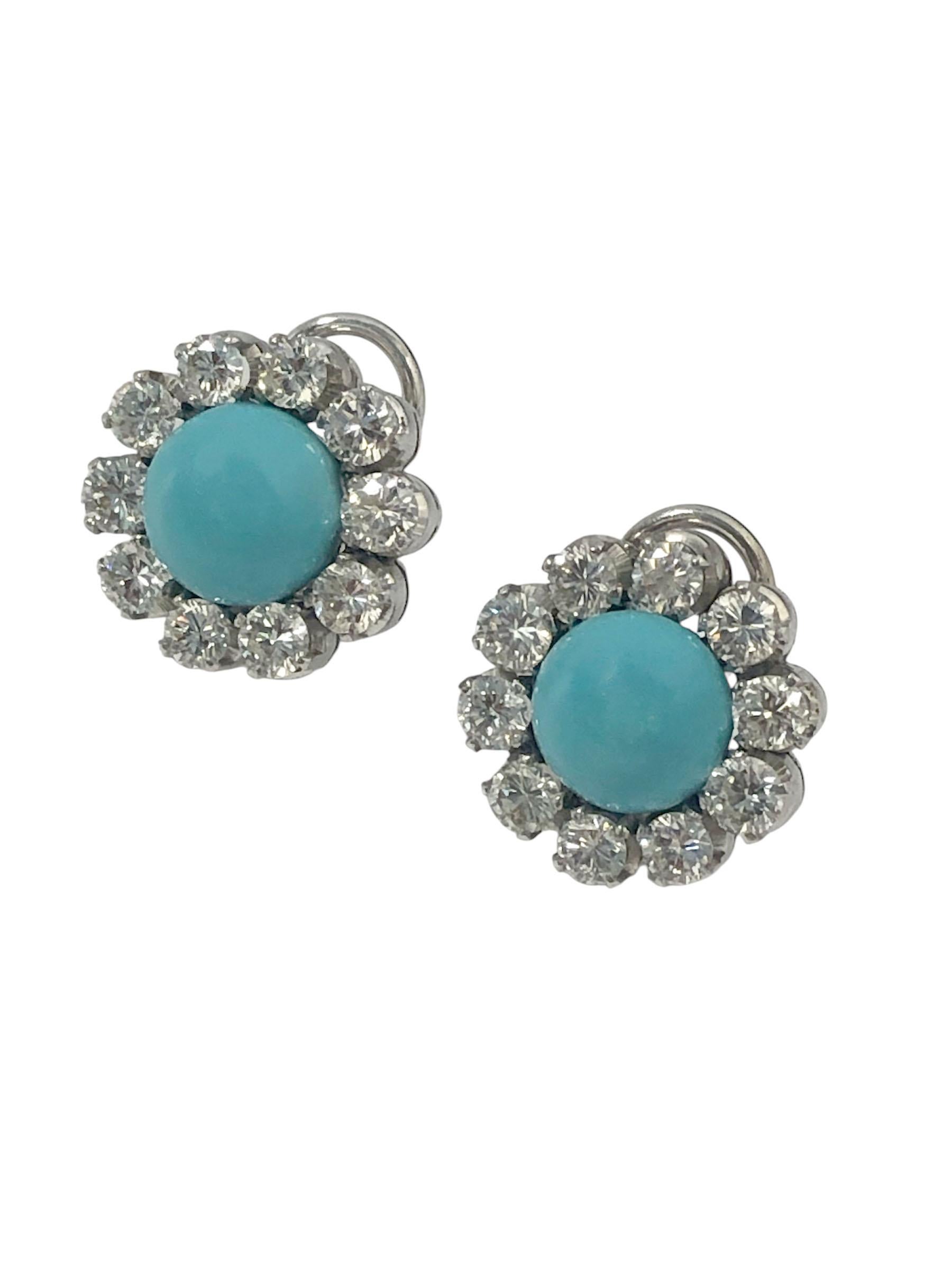 Boucles d'oreilles en platine, diamant et turquoise persane Excellent état - En vente à Chicago, IL