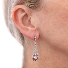 Platinum Diamond and Red Pliqué a Jour Drop Earrings