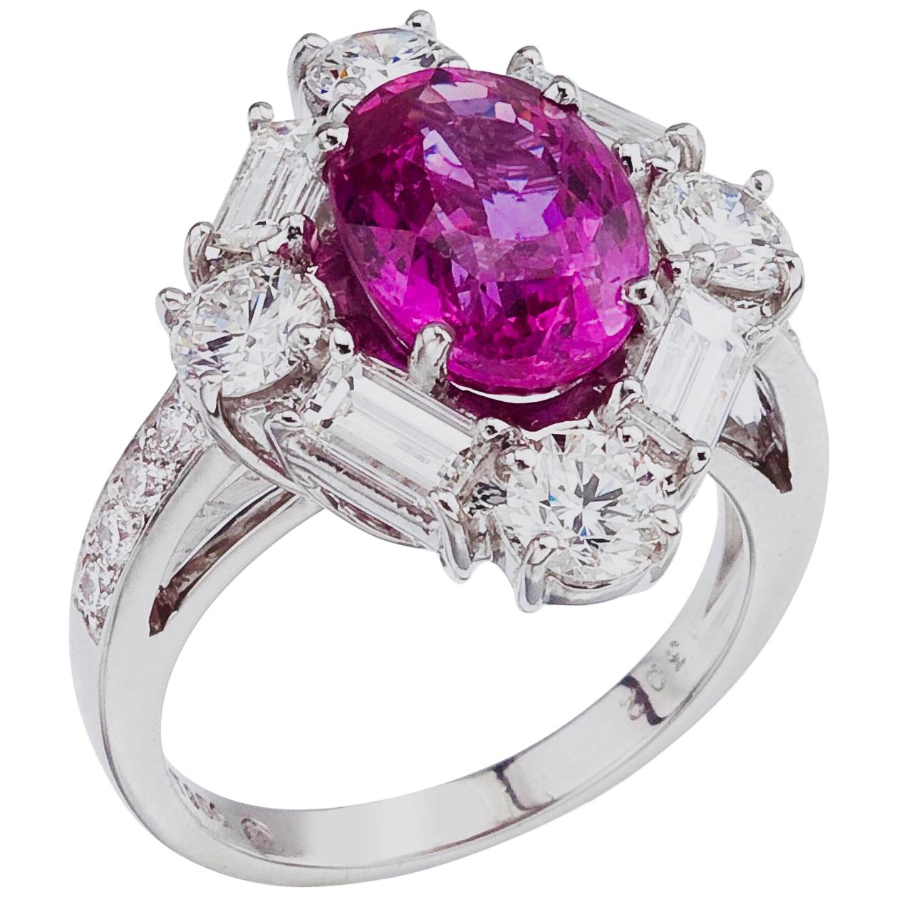 Platinum Diamond and 4.08 Carat Royal Pink Sapphire  Ring For Sale