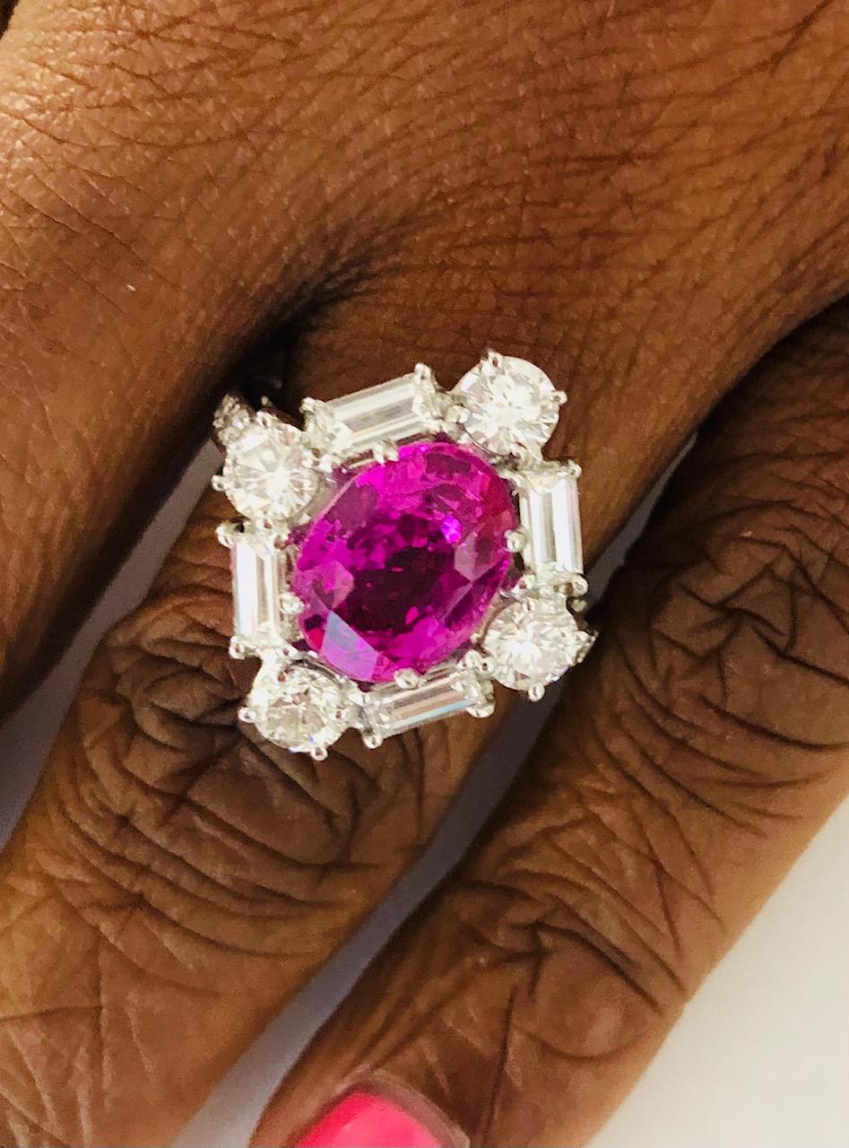 Oval Cut Platinum Diamond and 4.08 Carat Royal Pink Sapphire  Ring For Sale
