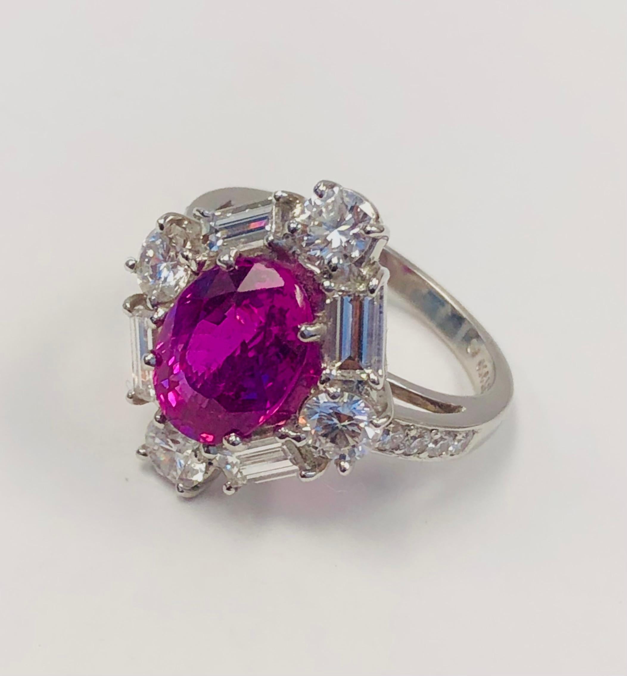 Platinum Diamond and 4.08 Carat Royal Pink Sapphire  Ring In New Condition For Sale In New York, NY