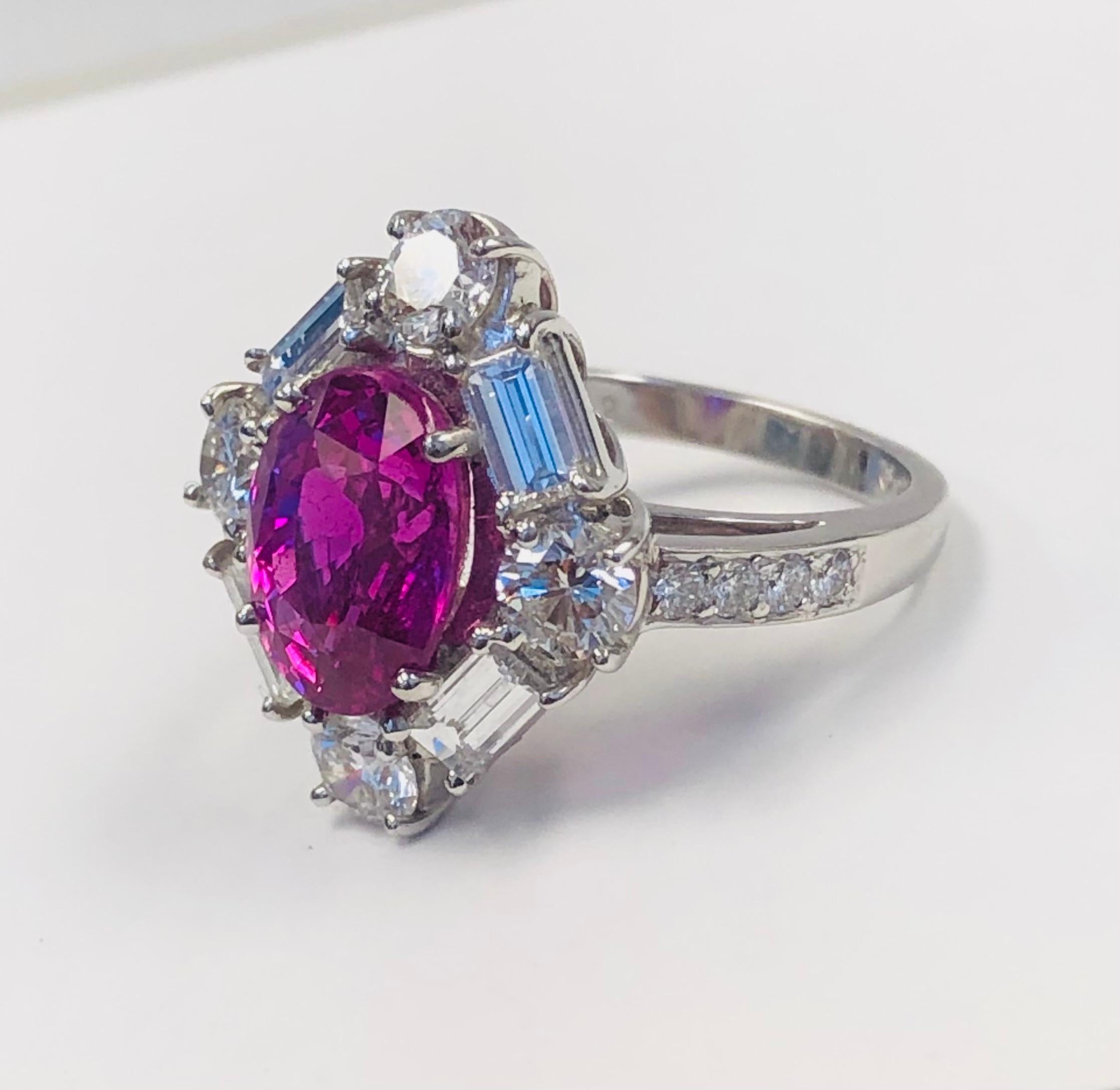 Women's Platinum Diamond and 4.08 Carat Royal Pink Sapphire  Ring For Sale