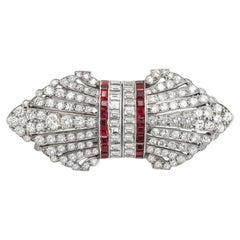 Platinum Diamond and Ruby Brooch (Double clip Brooch) Vintage Old Cut Diamonds