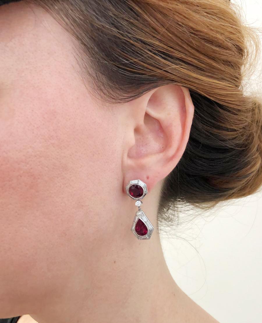 Mixed Cut Contemporary Ruby Diamond Drop Earrings For Sale