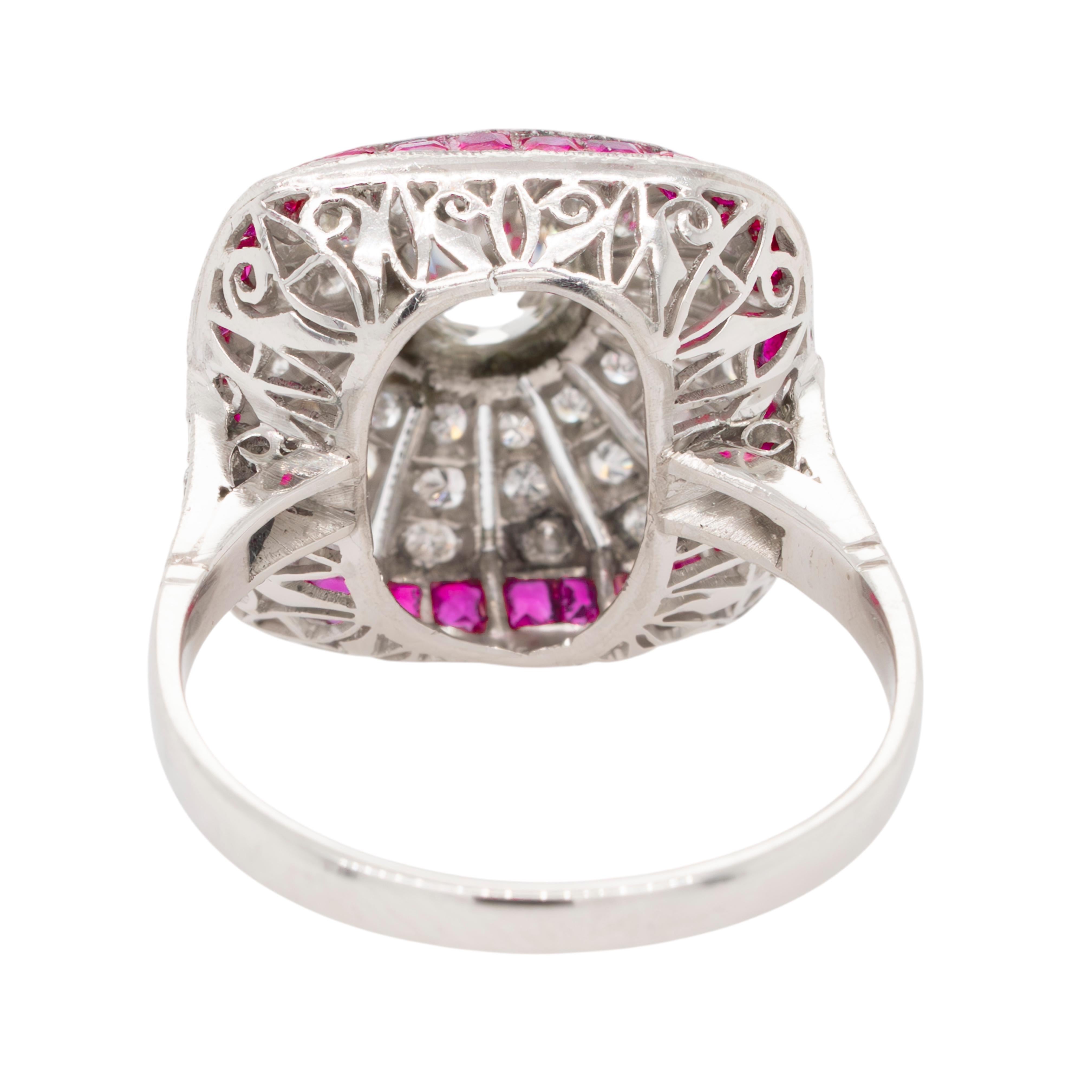 Mixed Cut Platinum Diamond and Ruby Ring For Sale