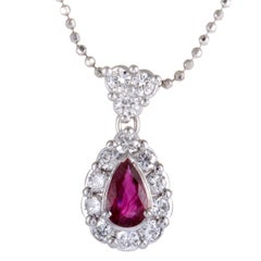 Platinum Diamond and Ruby Teardrop Pendant Necklace