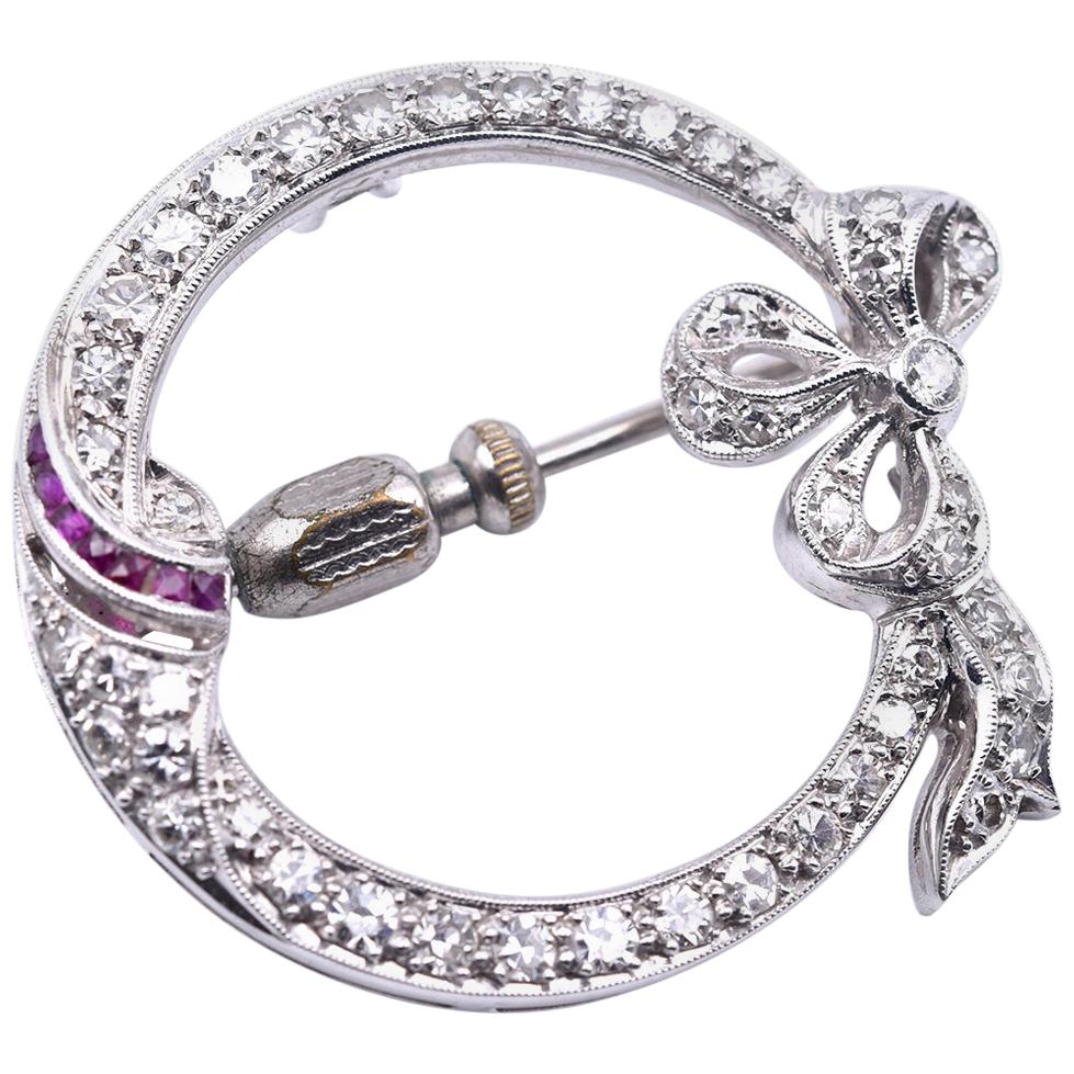 Platinum Diamond and Ruby Victorian Bow Pin