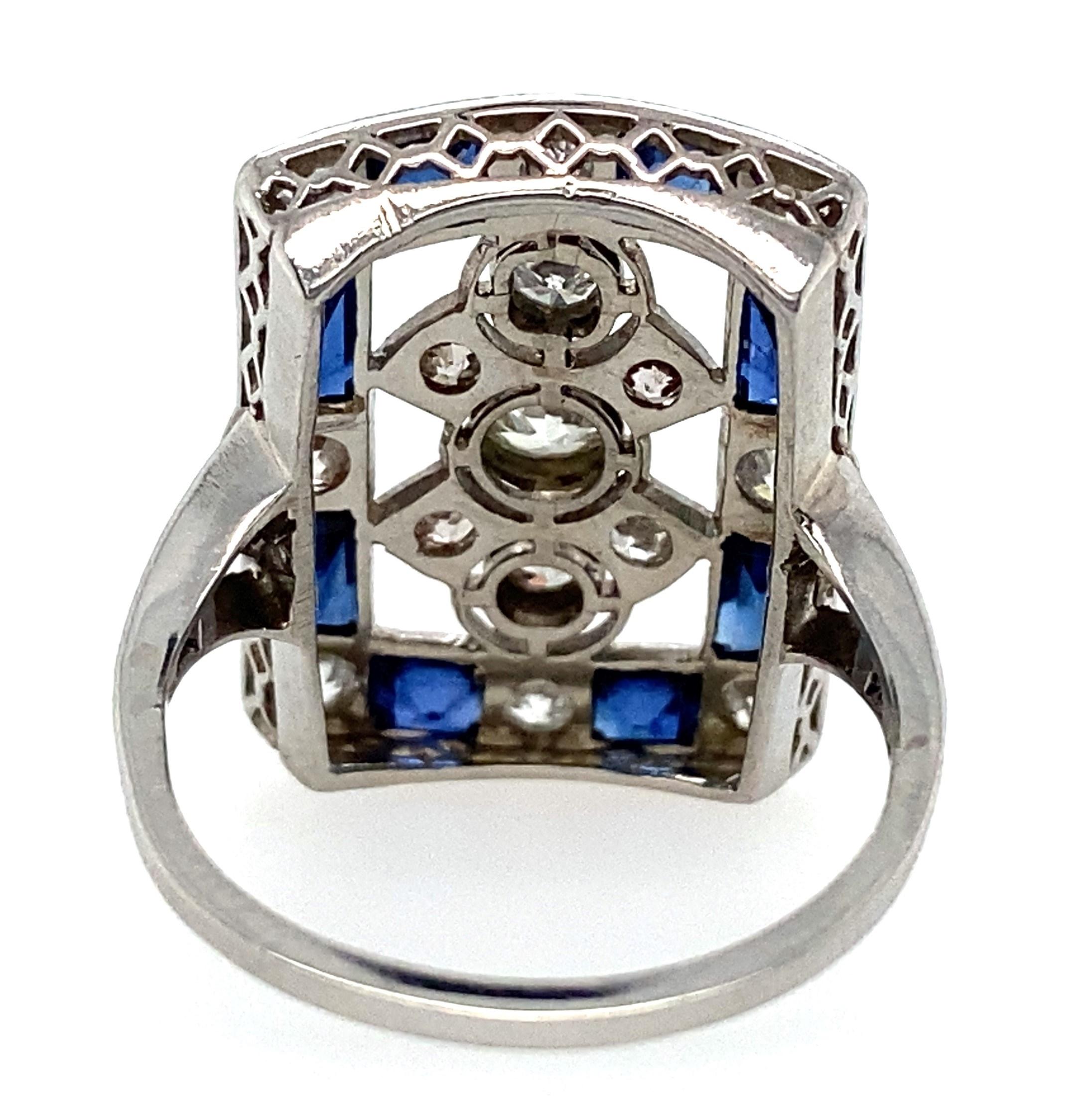 Round Cut Platinum Diamond and Sapphire Art Deco Plaque Ring