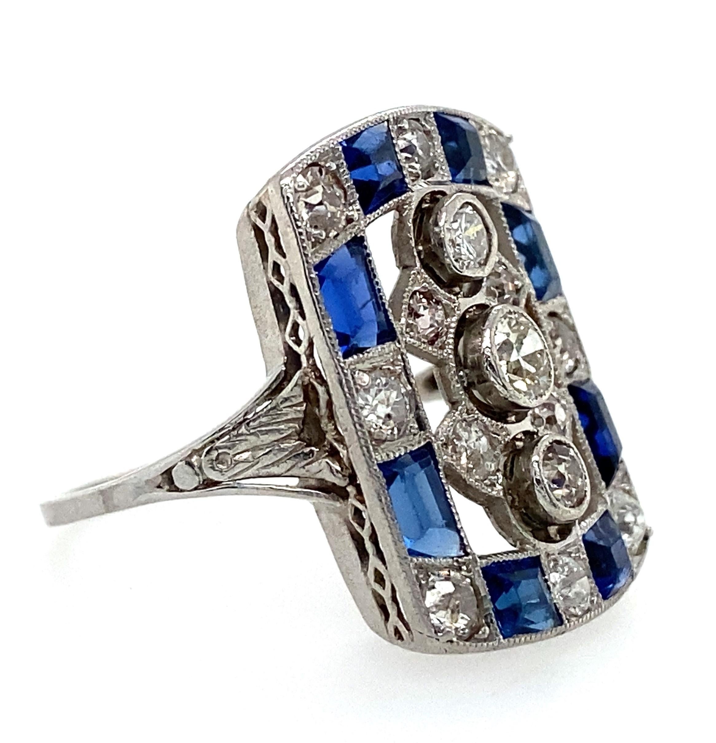 Women's or Men's Platinum Diamond and Sapphire Art Deco Plaque Ring
