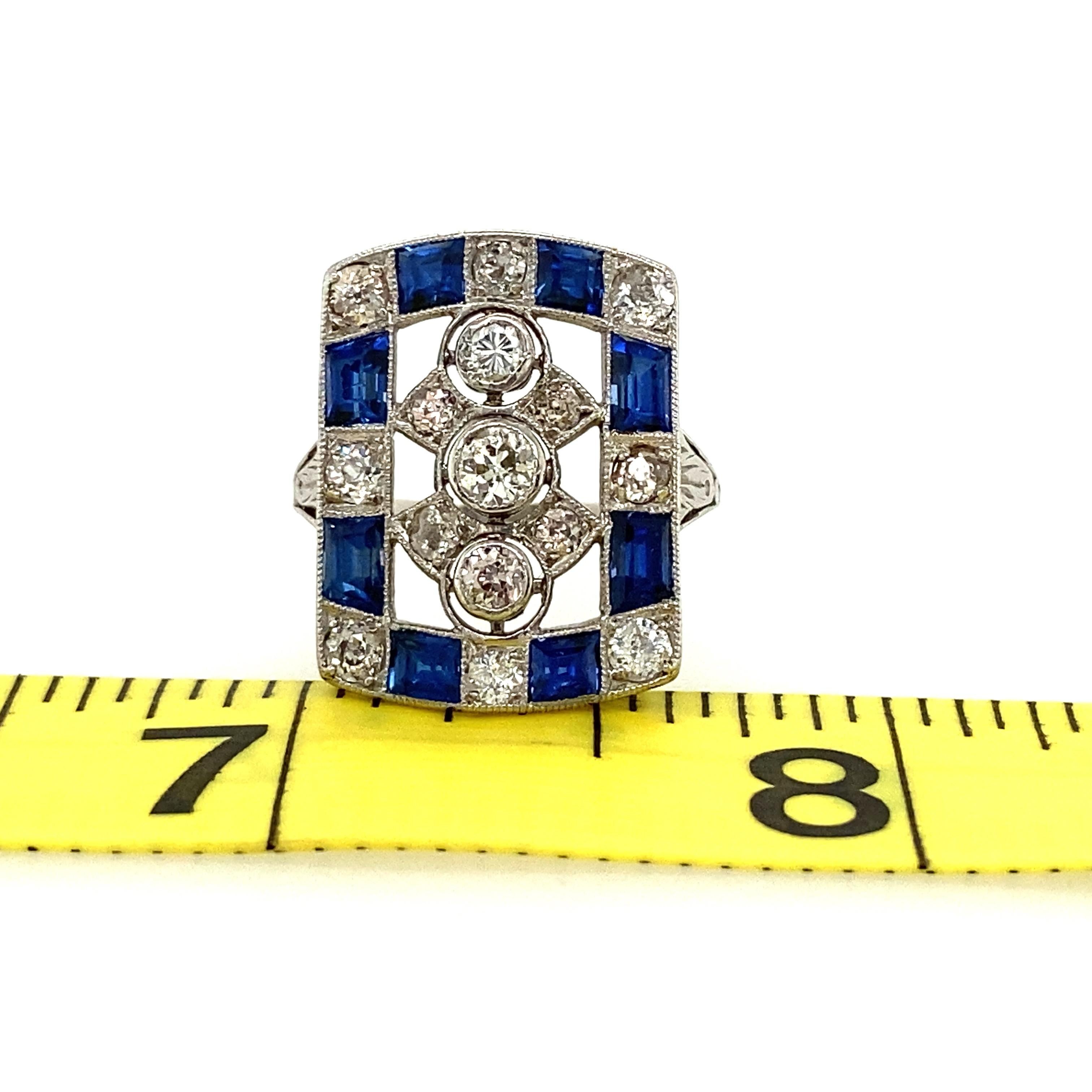 Platinum Diamond and Sapphire Art Deco Plaque Ring 1