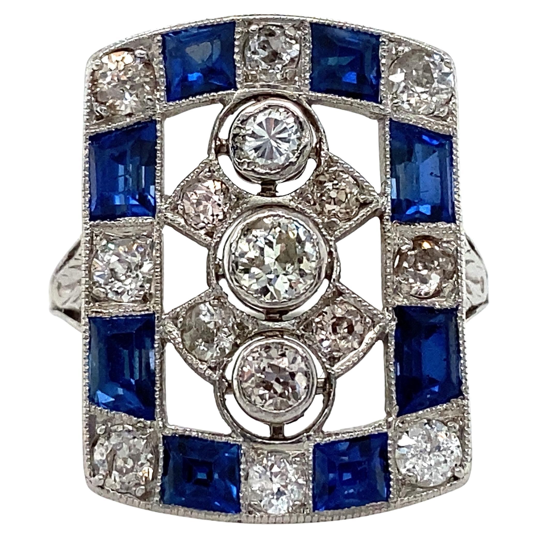 Platinum Diamond and Sapphire Art Deco Plaque Ring For Sale at 1stDibs