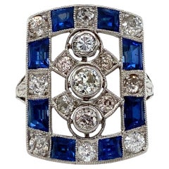 Platinum Diamond and Sapphire Art Deco Plaque Ring
