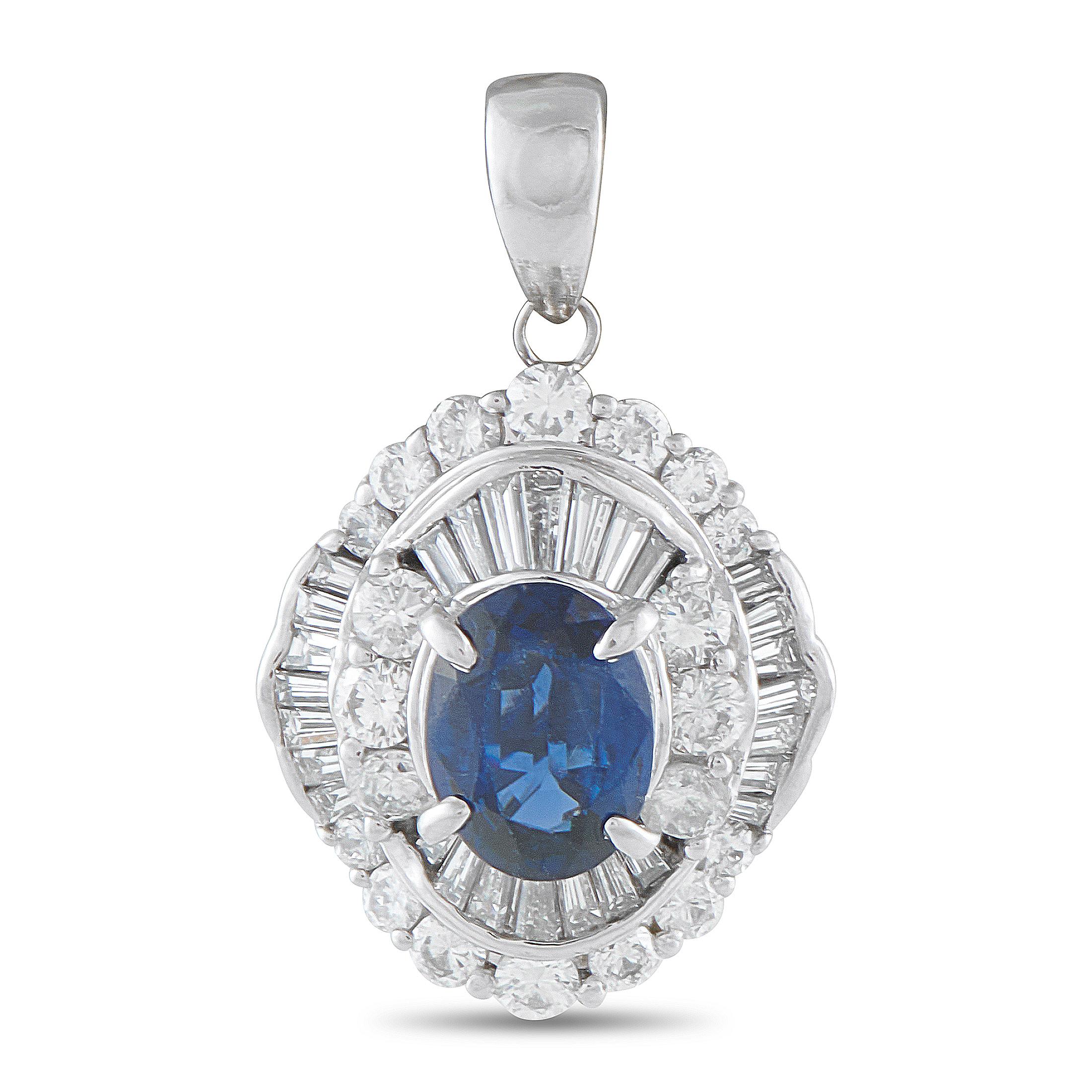 Platinum Diamond and Sapphire Ballerina Pendant MF02-110125 In condizioni ottime in vendita a Southampton, PA