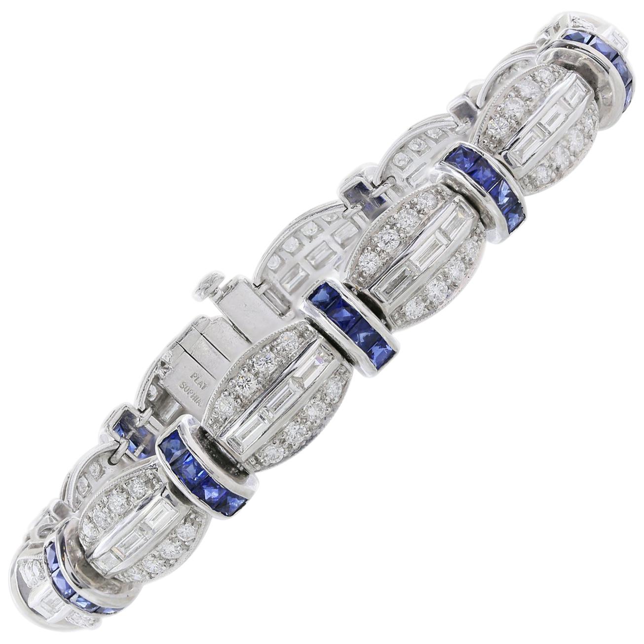 Platinum Diamond and Sapphire Bracelet For Sale