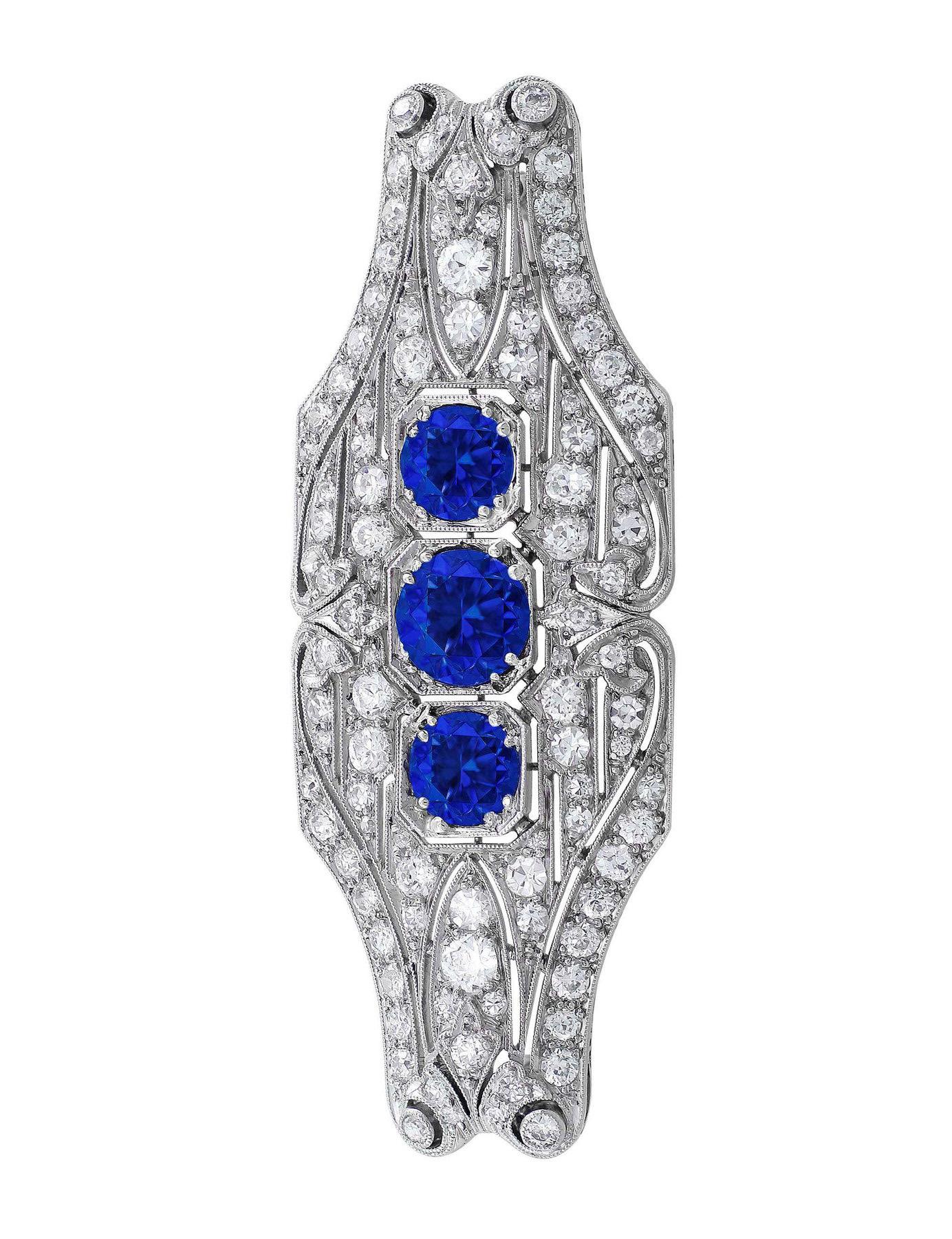 Platinum Diamond and Sapphire Brooch In Excellent Condition For Sale In La Jolla, CA