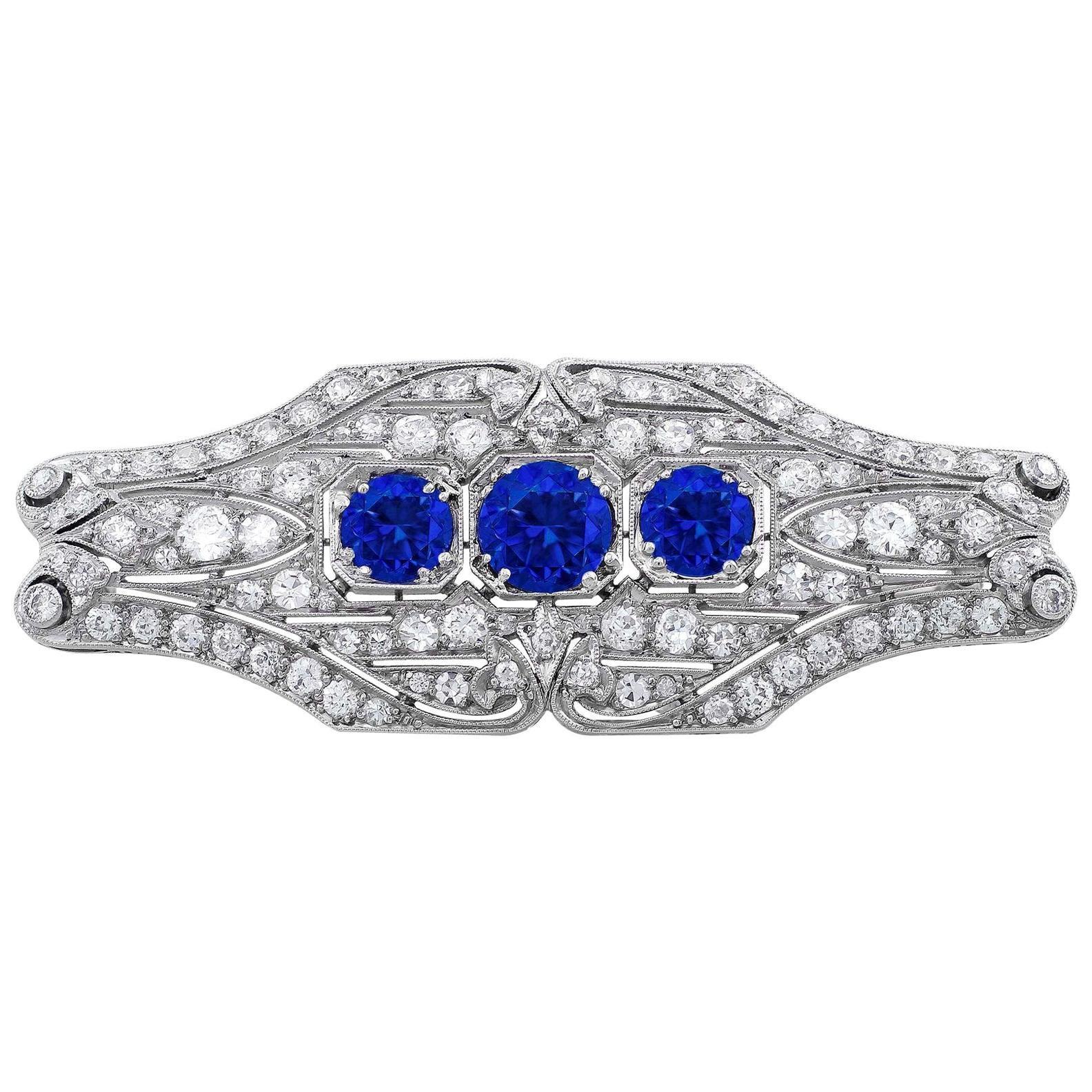 Platinum Diamond and Sapphire Brooch For Sale