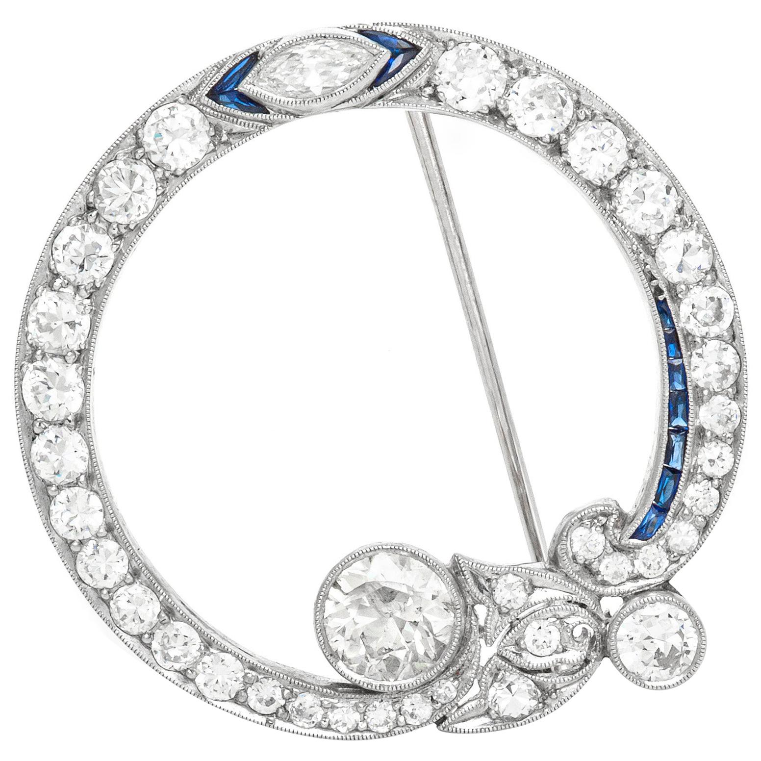 Platinum Diamond and Sapphire Brooch For Sale