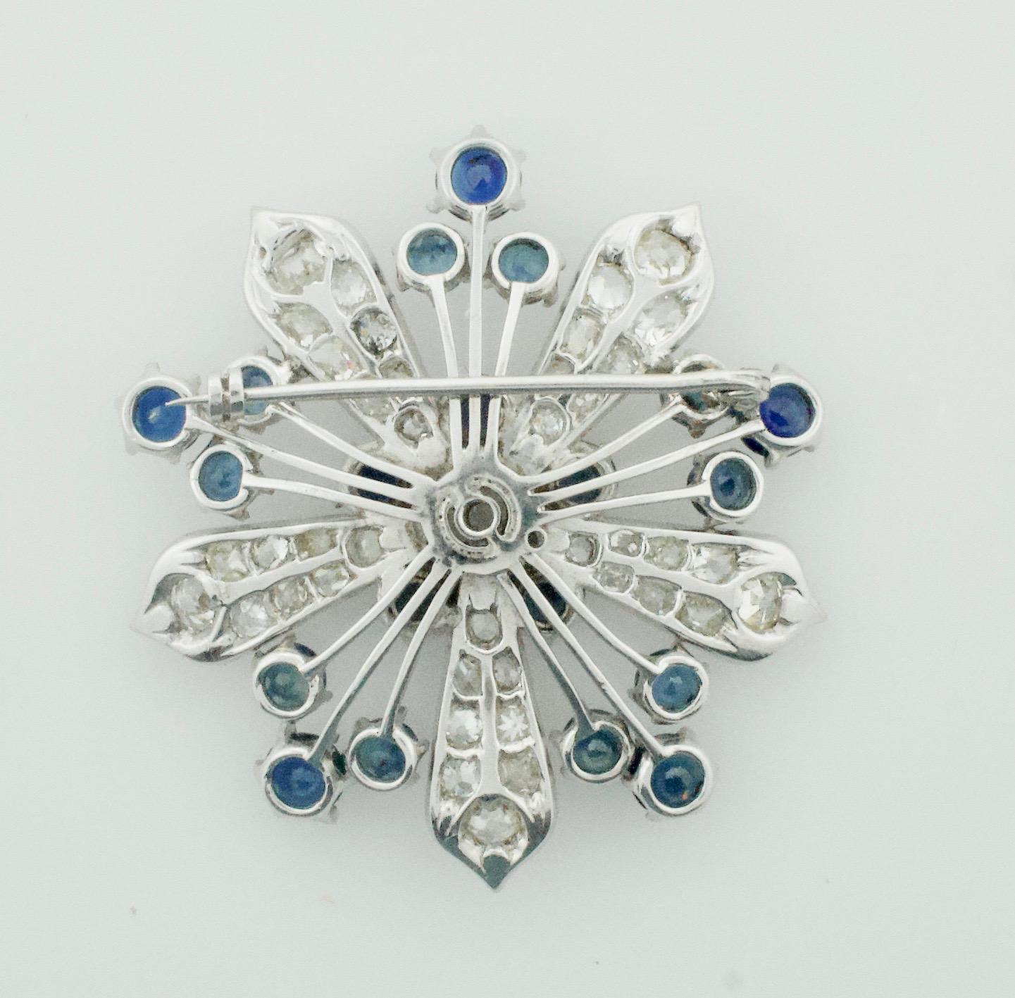 Round Cut Platinum Diamond and Sapphire Brooch, Necklace circa 1920s 6.85 Carat