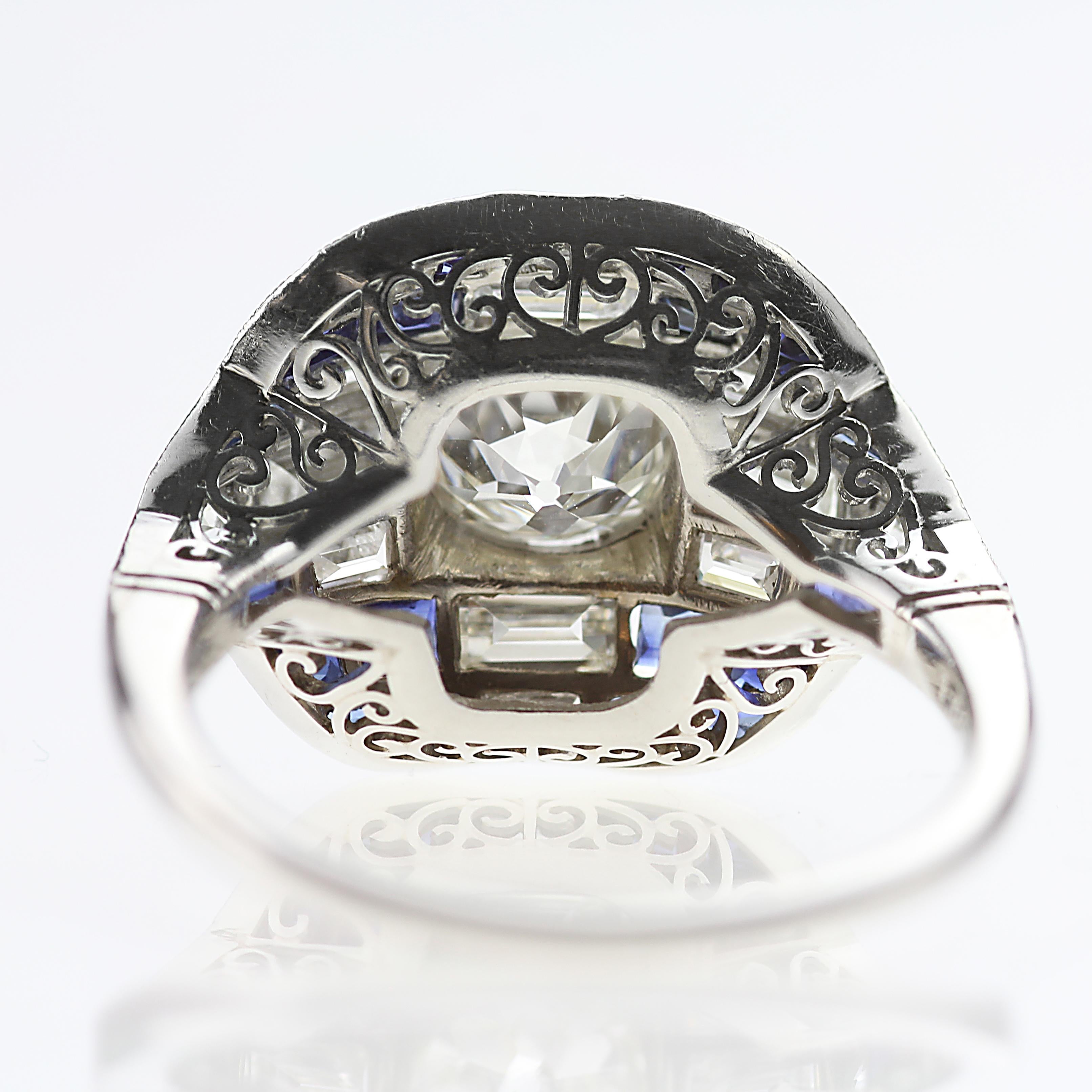 Women's Art Deco Style Diamond and Sapphire Cocktail Ring, in Platinum  