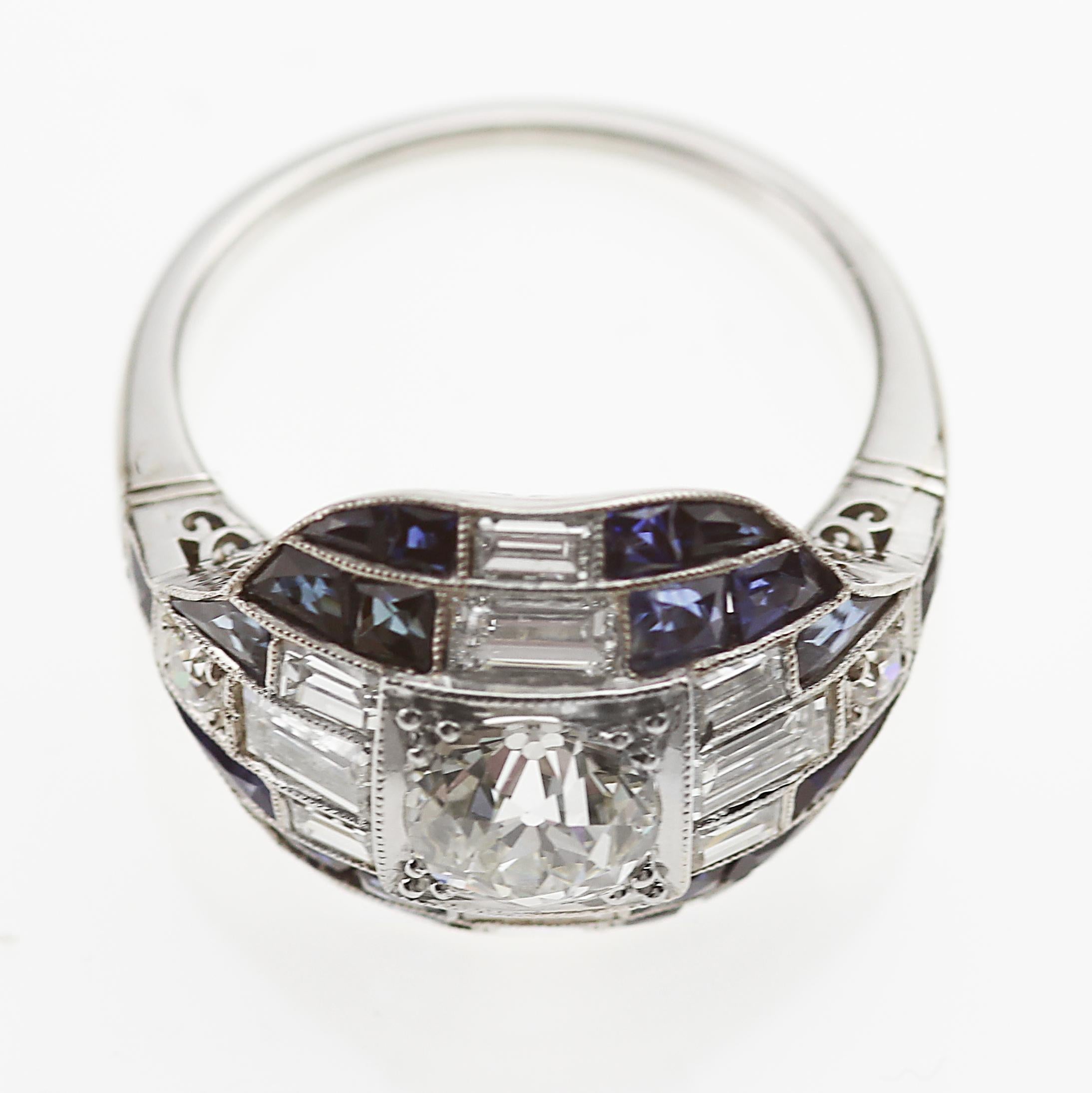 Art Deco Style Diamond and Sapphire Cocktail Ring, in Platinum   1