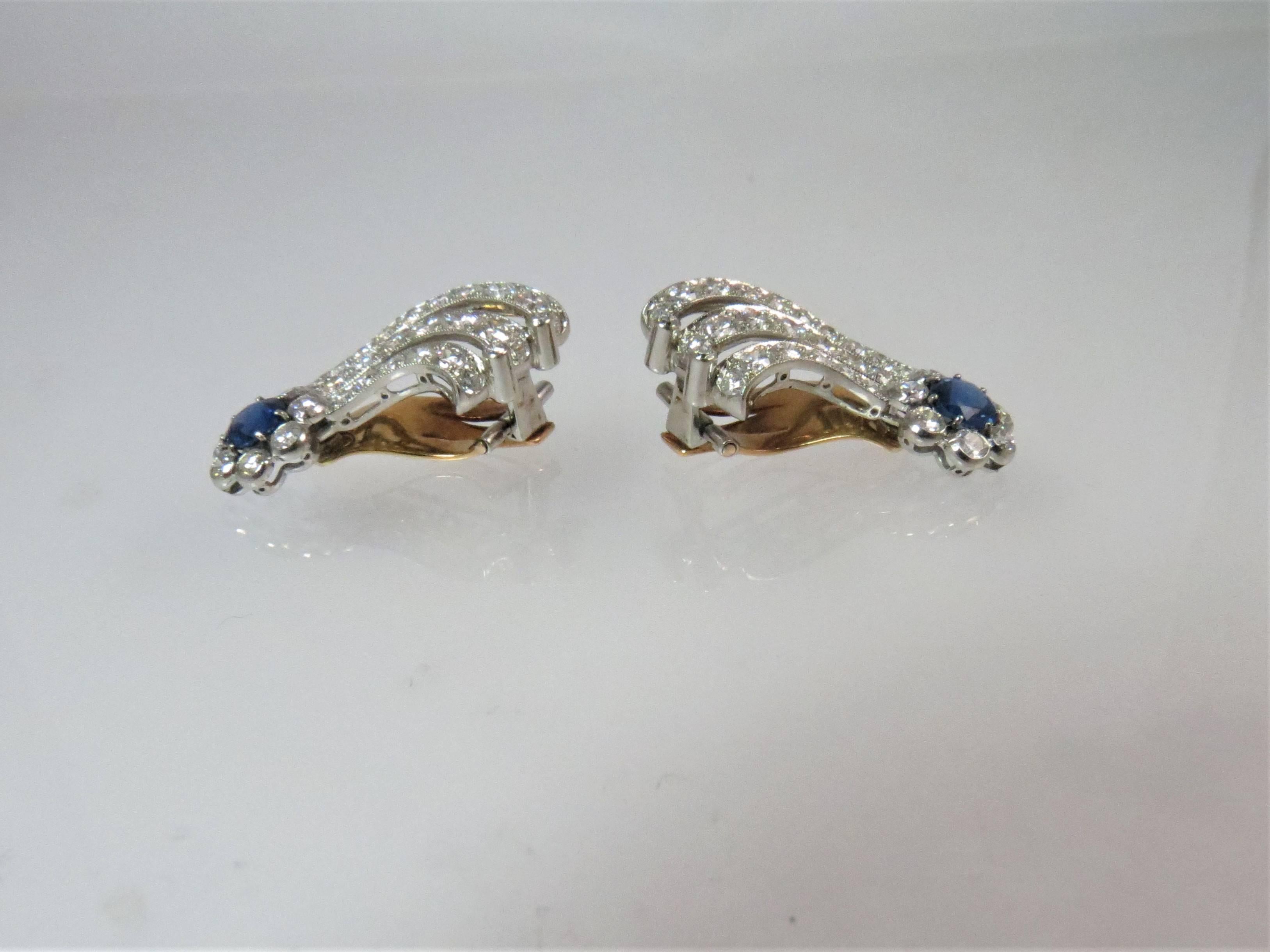 Round Cut Platinum Diamond and Sapphire Ear Clips For Sale