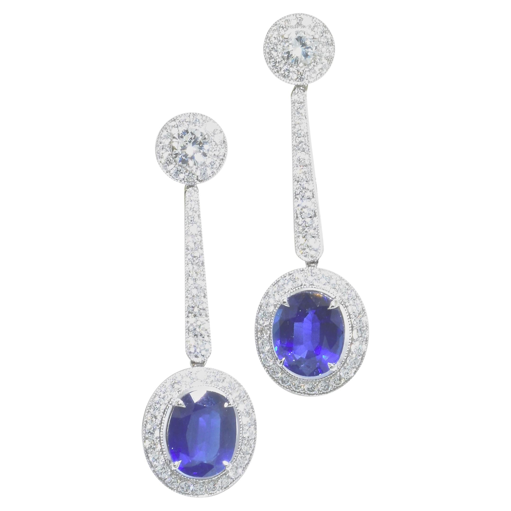 Platinum, Diamond and Sapphire Earrings by Pierre/Famille, Inc.