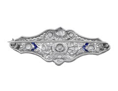 Platinum Diamond and Sapphire Filigree Brooch