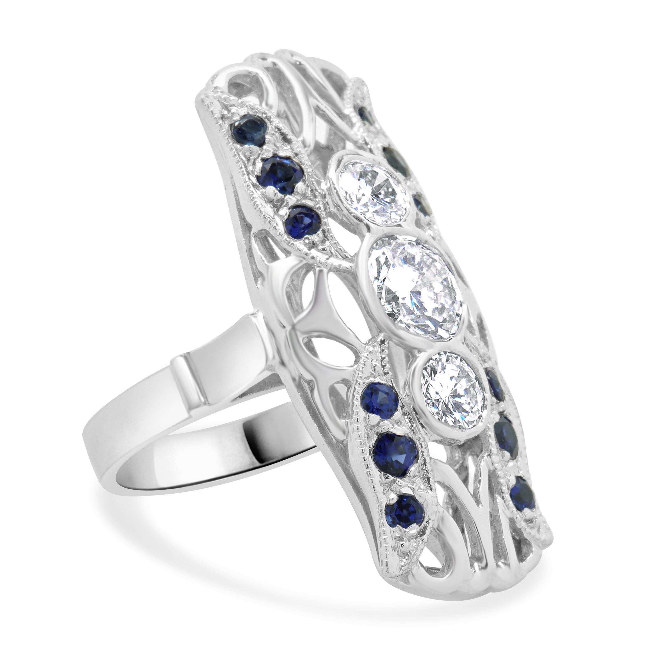 Platinum Diamond and Sapphire Full Finger Ring In Excellent Condition For Sale In Scottsdale, AZ
