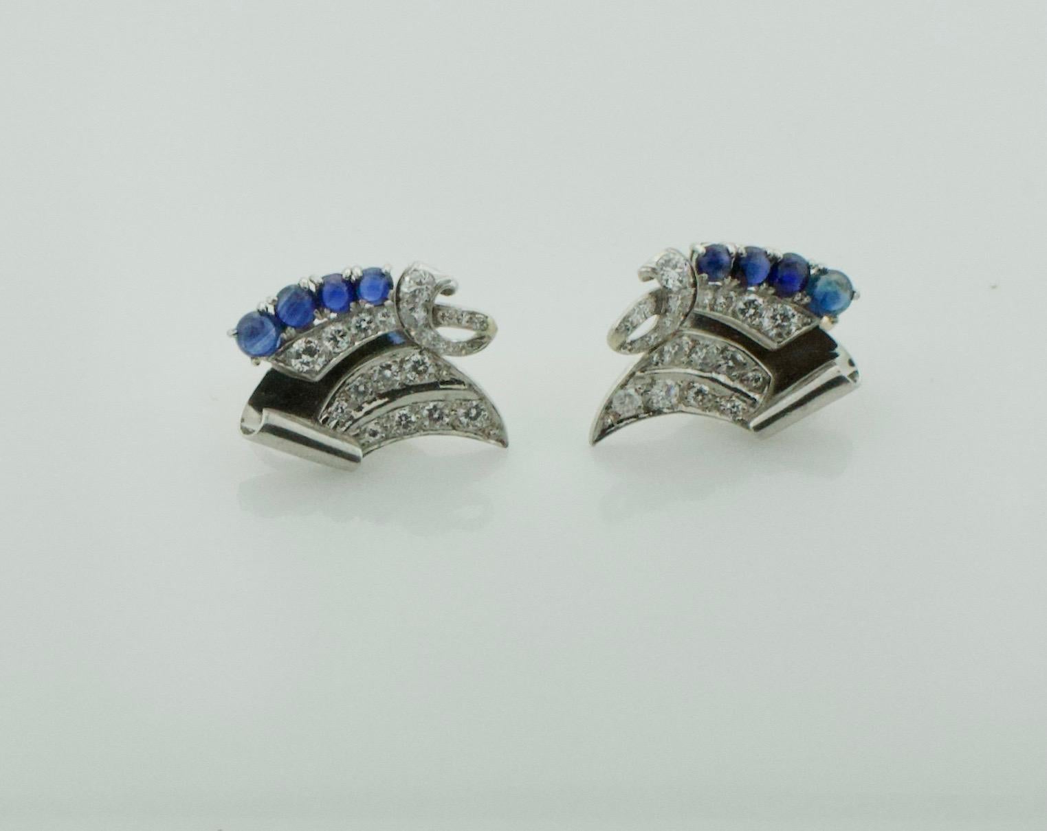 Platinum Diamond and Sapphire Handmade Earrings, circa 1950s 2.00 Carat In Good Condition For Sale In Wailea, HI