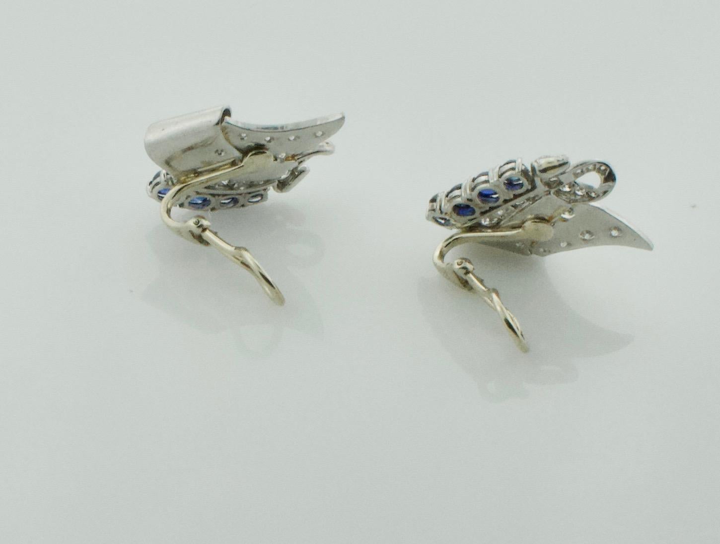 Women's or Men's Platinum Diamond and Sapphire Handmade Earrings, circa 1950s 2.00 Carat For Sale