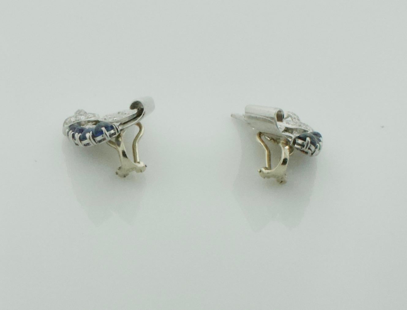 Platinum Diamond and Sapphire Handmade Earrings, circa 1950s 2.00 Carat For Sale 1