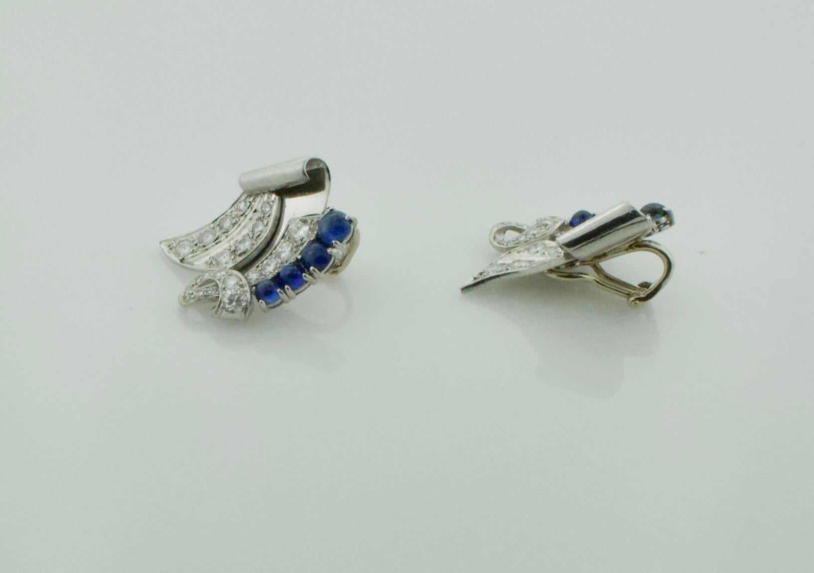 Platinum Diamond and Sapphire Handmade Earrings, circa 1950s 2.00 Carat For Sale 2