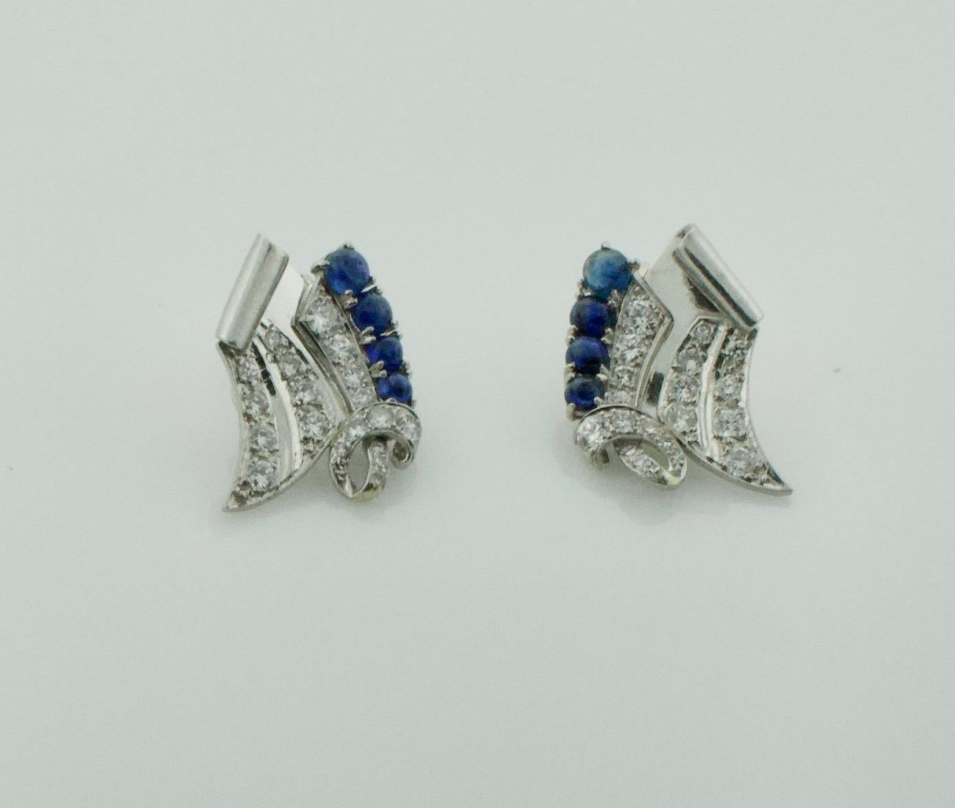 Platinum Diamond and Sapphire Handmade Earrings, circa 1950s 2.00 Carat For Sale 3