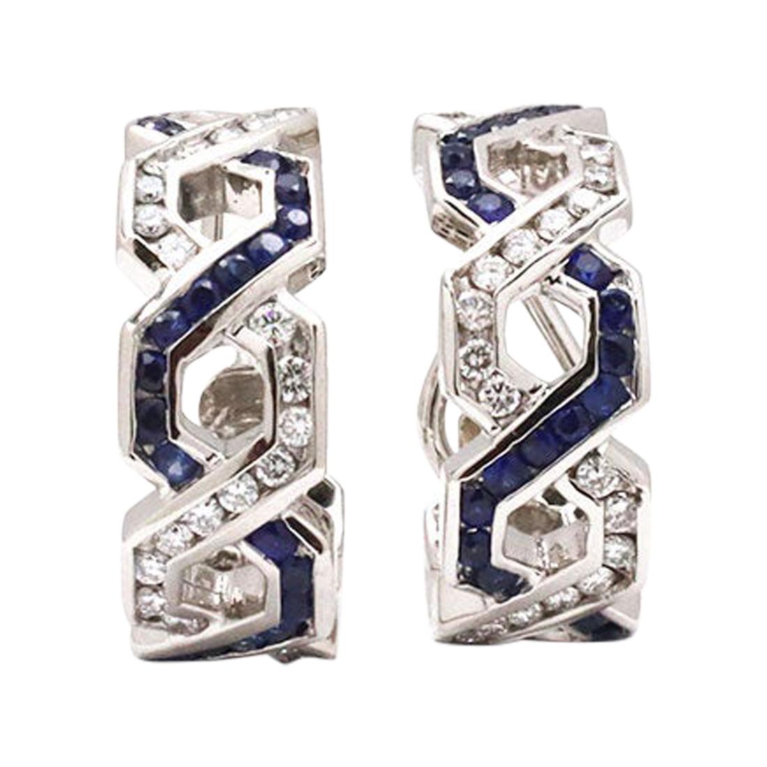 Platinum Diamond and Sapphire Huggie Hoop Earrings