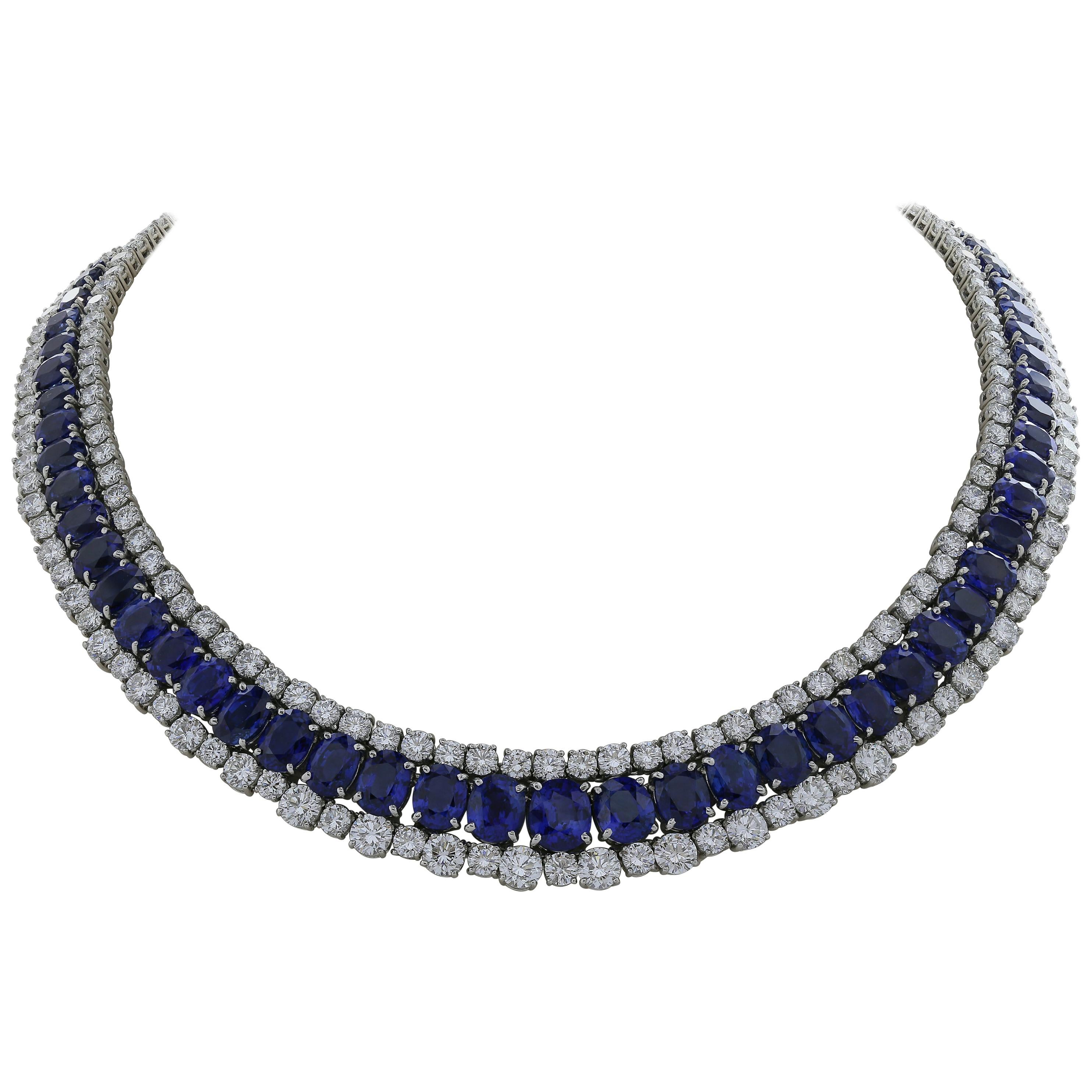 Platinum Diamond and Sapphire Necklace For Sale
