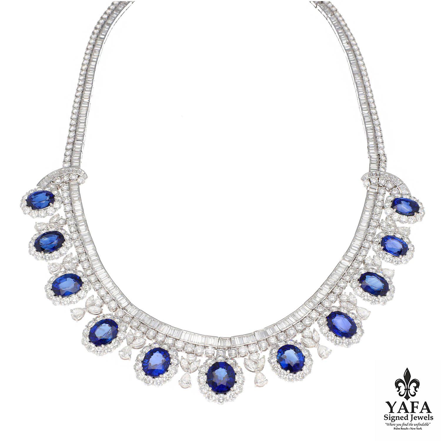 Platinum Diamond and Sapphire Necklace For Sale