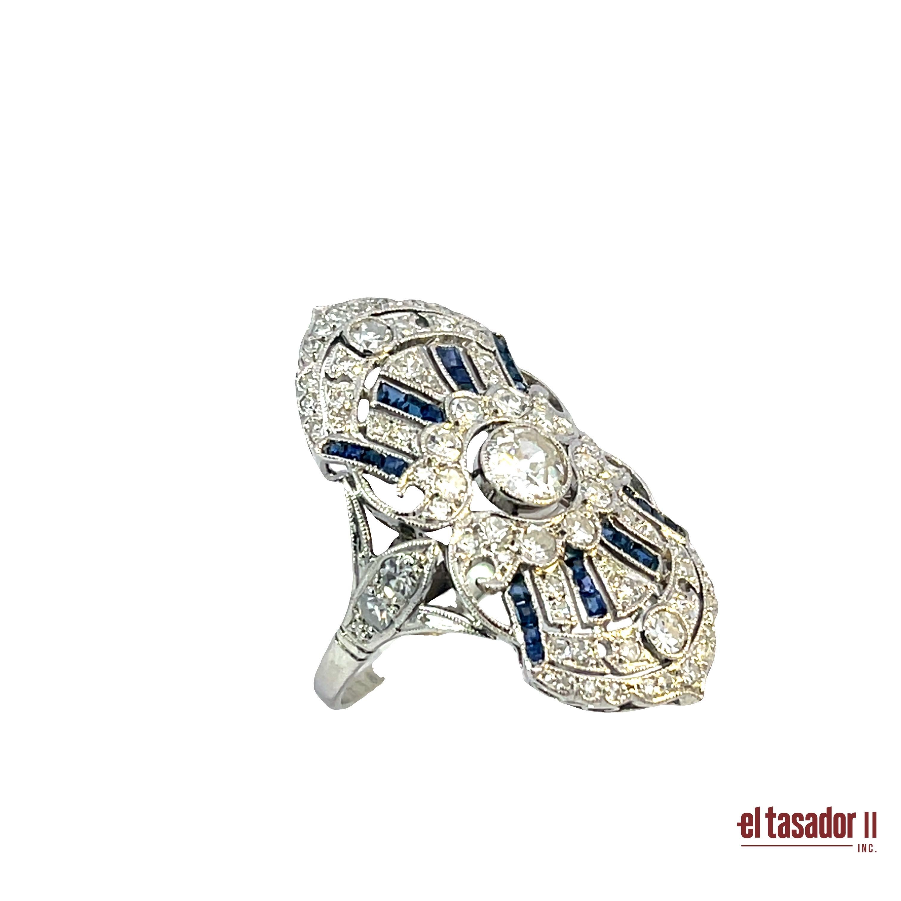 Art Déco Anello Oyster in platino con diamanti e zaffiri - 6,8g in vendita