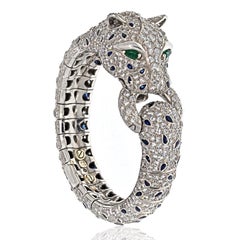 Platinum Diamond And Sapphire Panther Animal Estate Bangle Bracelet