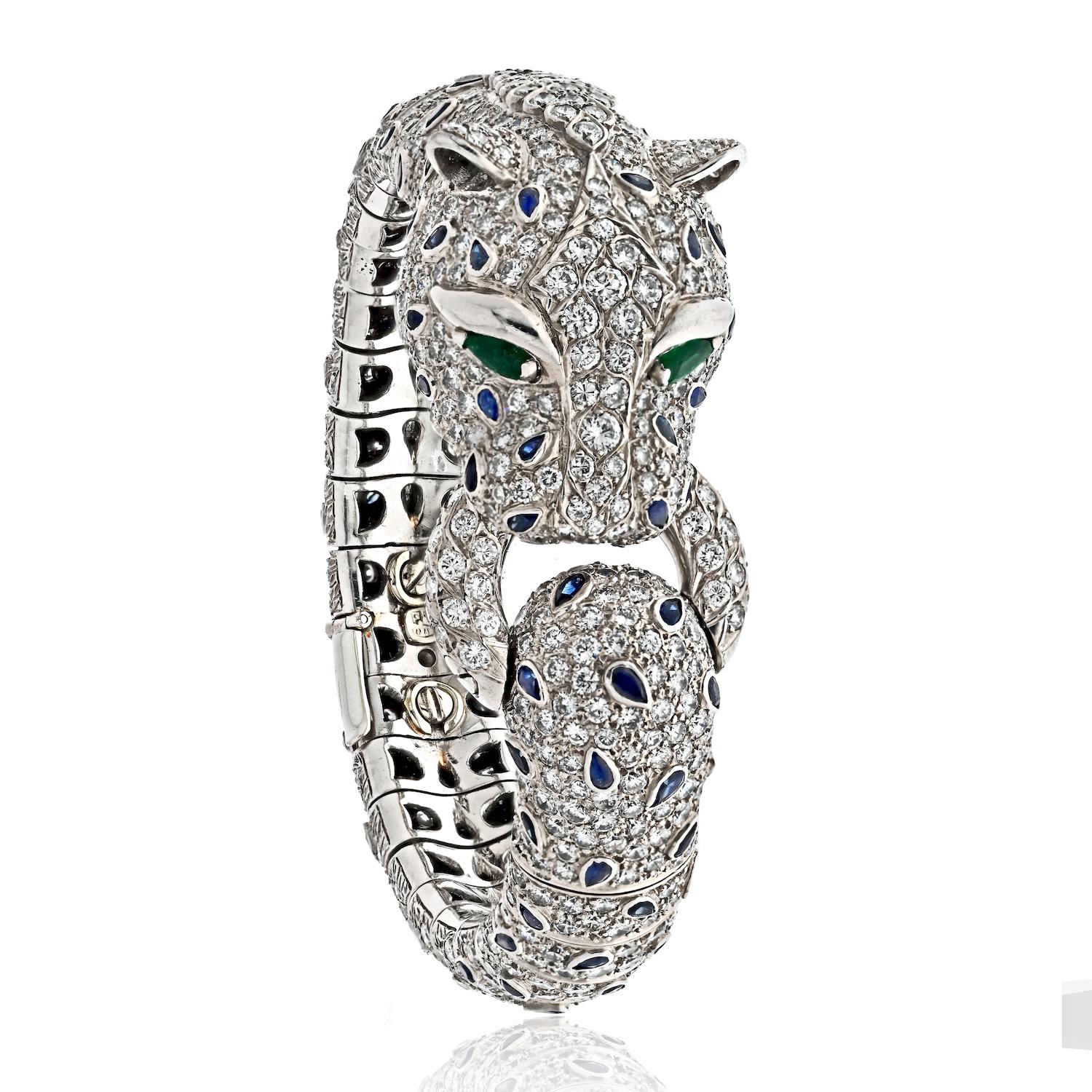Moderne Bracelet en platine, diamant et saphir avec panthère Animal Estate  en vente